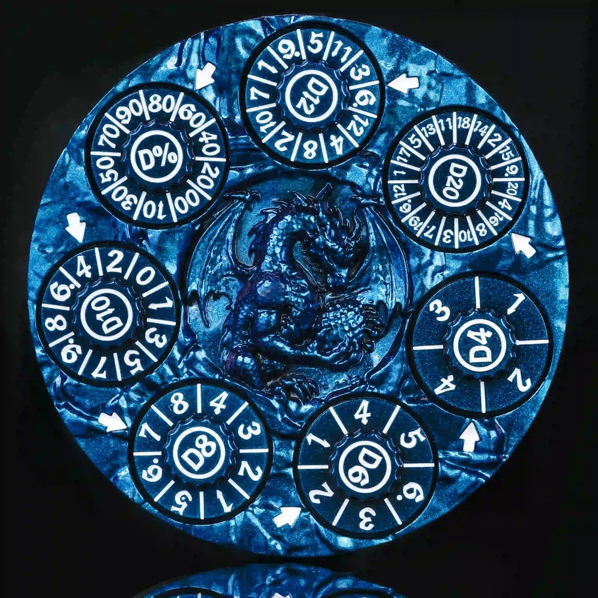 Unique Dice Spinner: Blue 7-in-1 Metal 3D Embossed Dragon DND Roulette Dice Spinner | Bear Dice