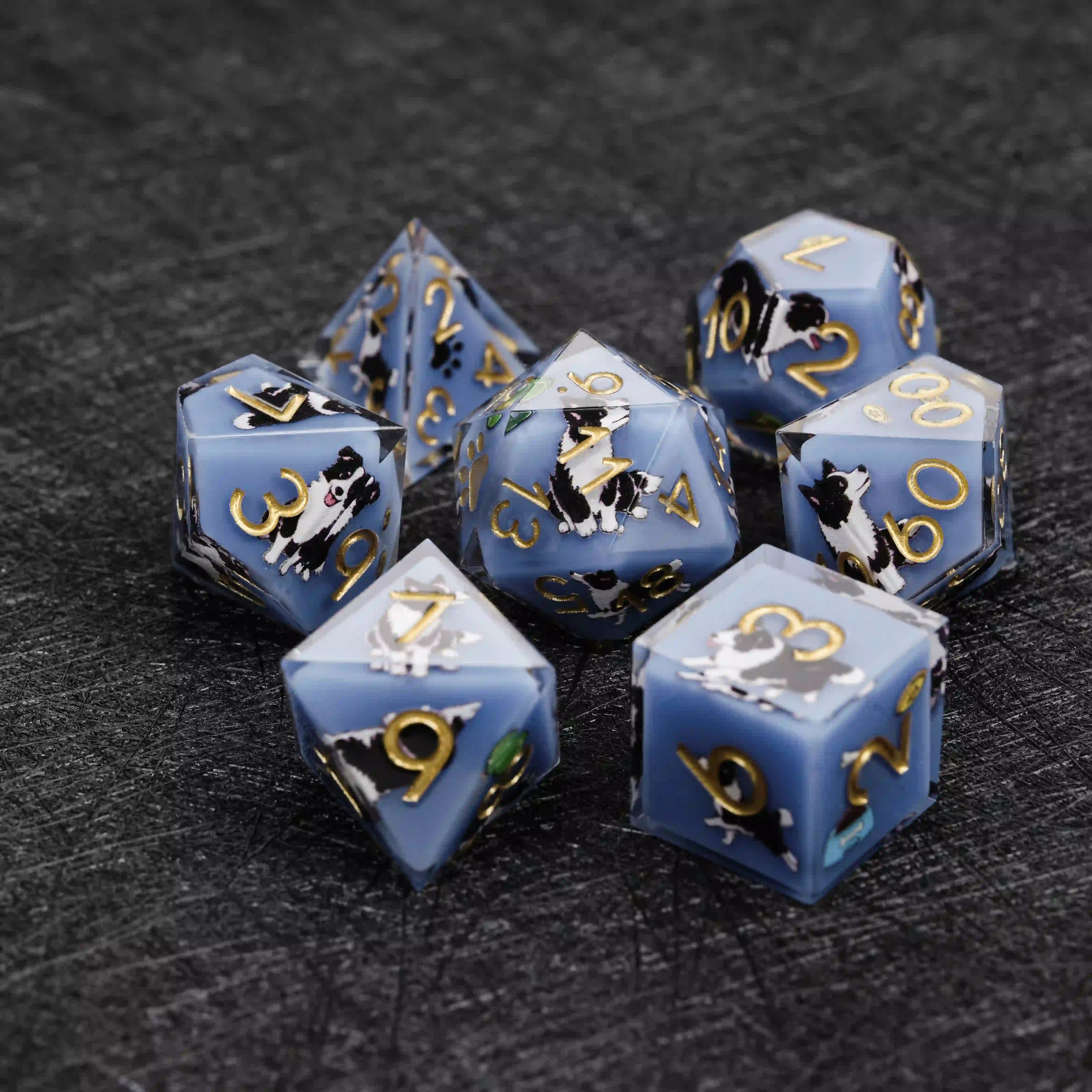Kickstarter Dice – Blue Resin Border Collie DND Dice Set with Sharp Edges | Bear Dice