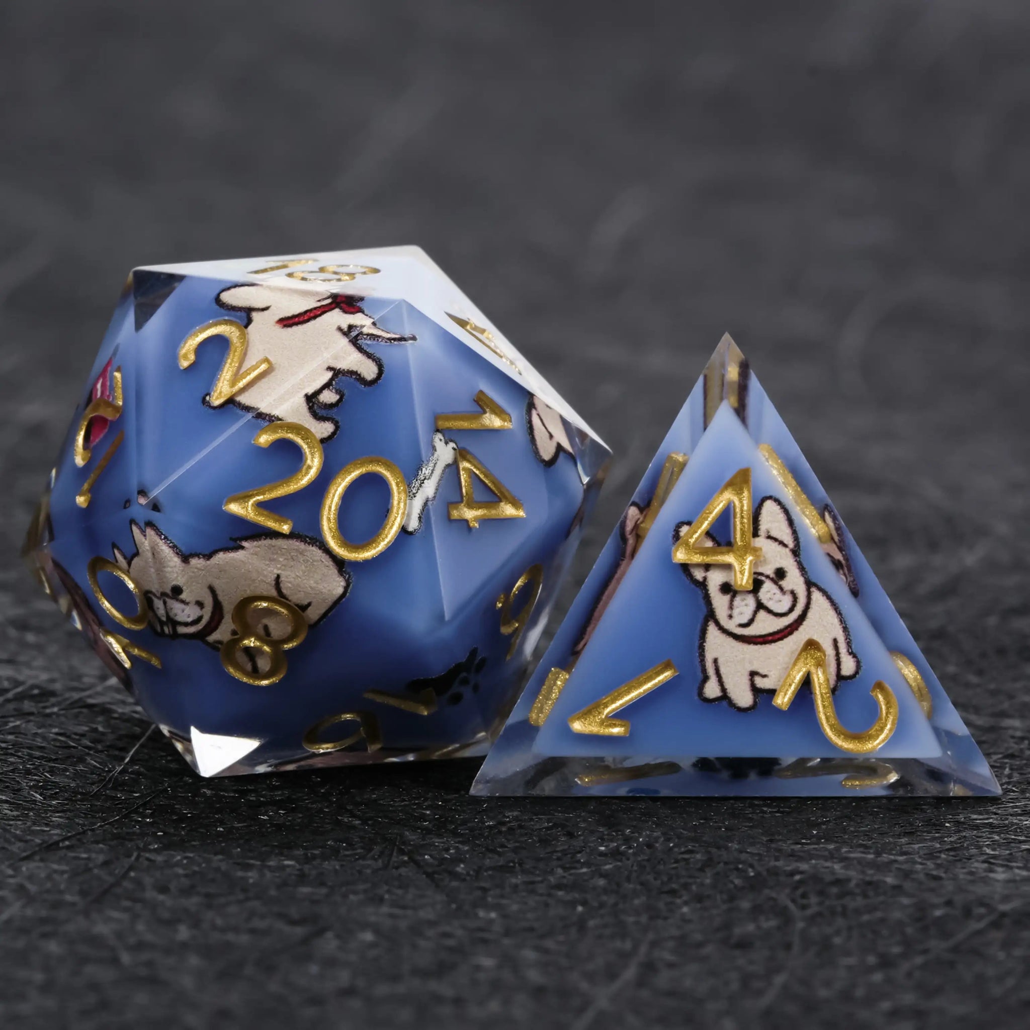 Kickstarter Dice – Blue Resin Bulldog DND D20 and D4 Dice | Bear Dice