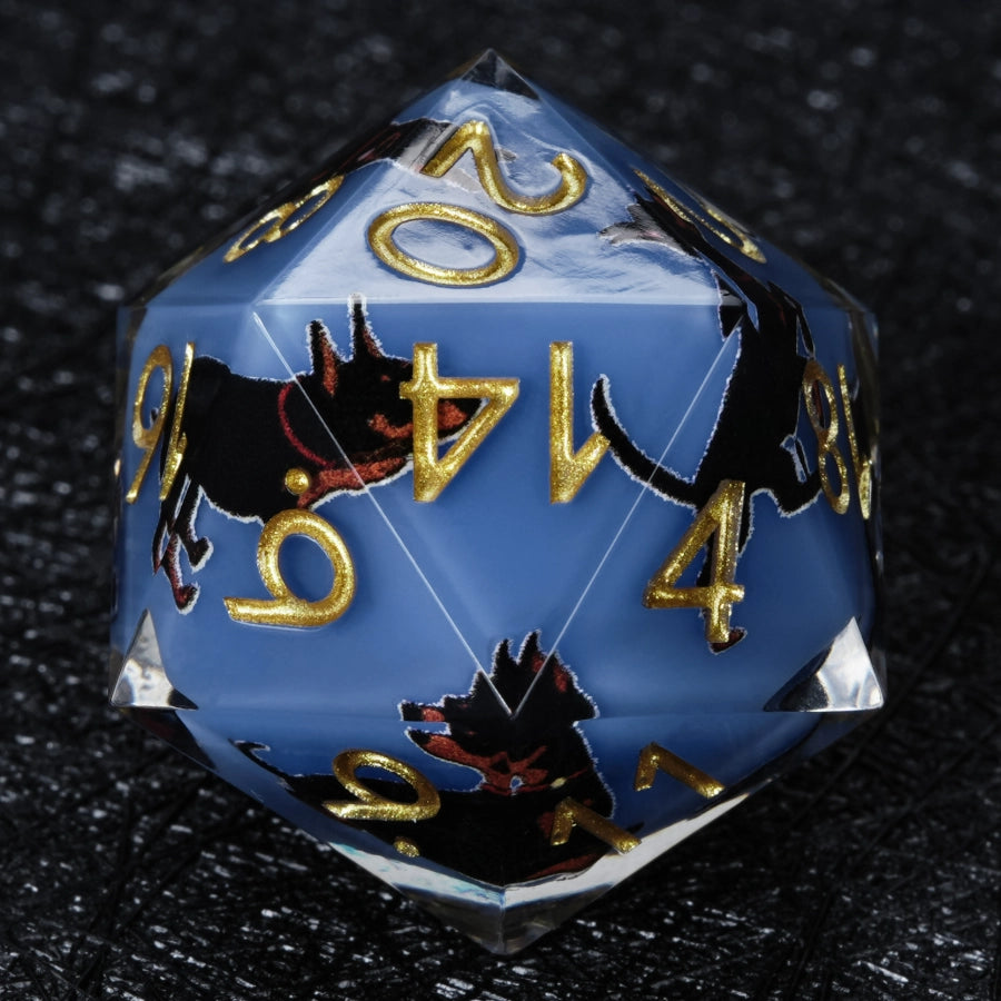 Kickstarter Dice – Handcrafted Sharp-Edged Blue Resin Doberman DND D20 Dice with Gold Paw Prints | Bear Dice