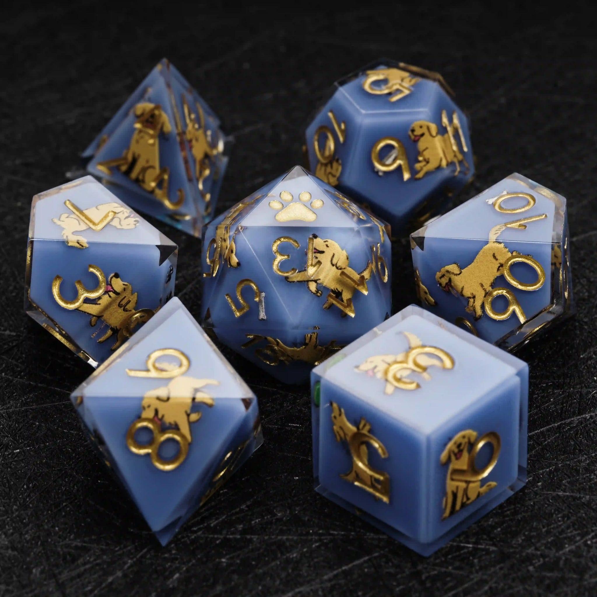 Kickstarter Dice – Blue Resin Golden Retriever DND Dice Set with Sharp Edges | Bear Dice
