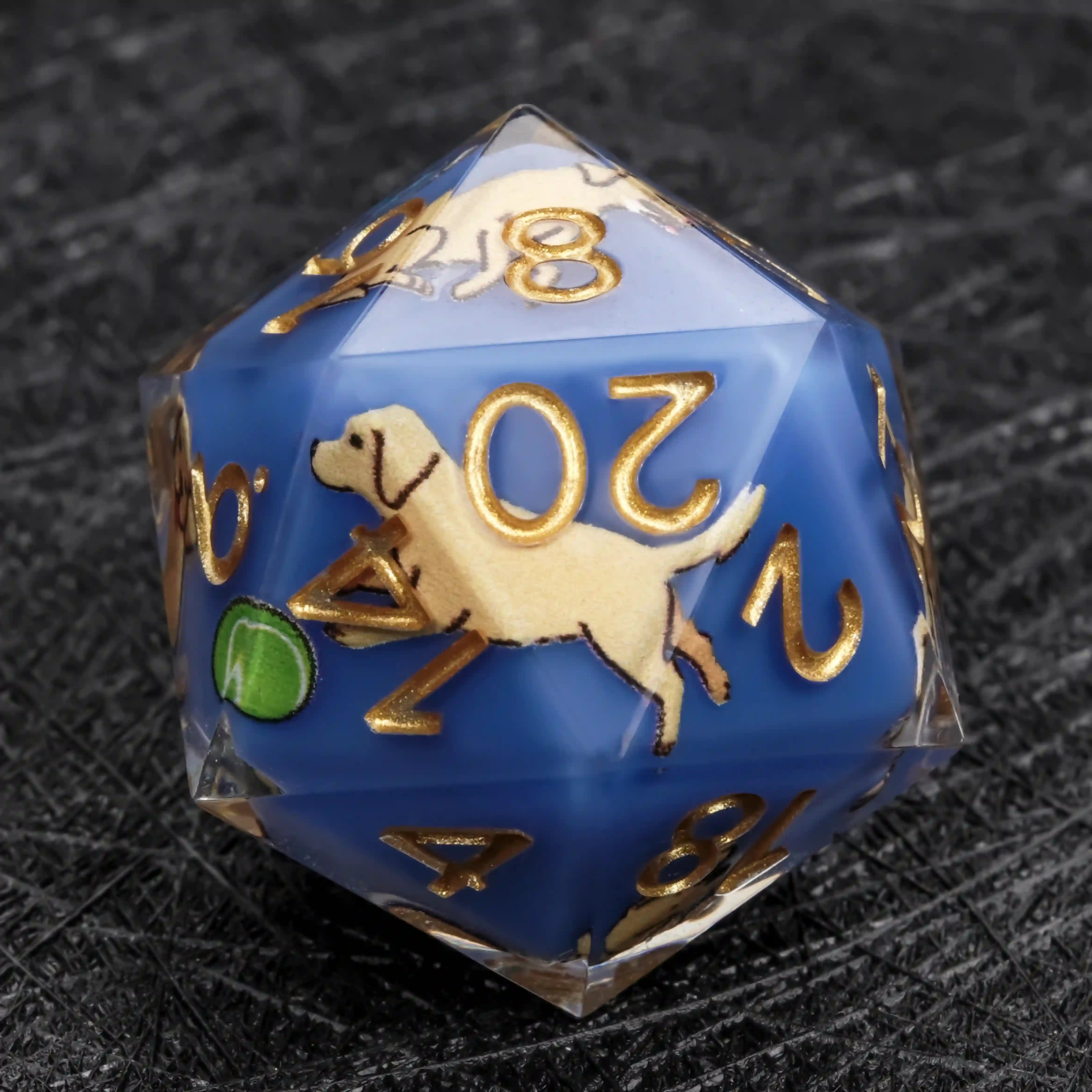 Kickstarter Dice – Blue Resin Labrador DND D20 Dice with Gold Numbers | Bear Dice
