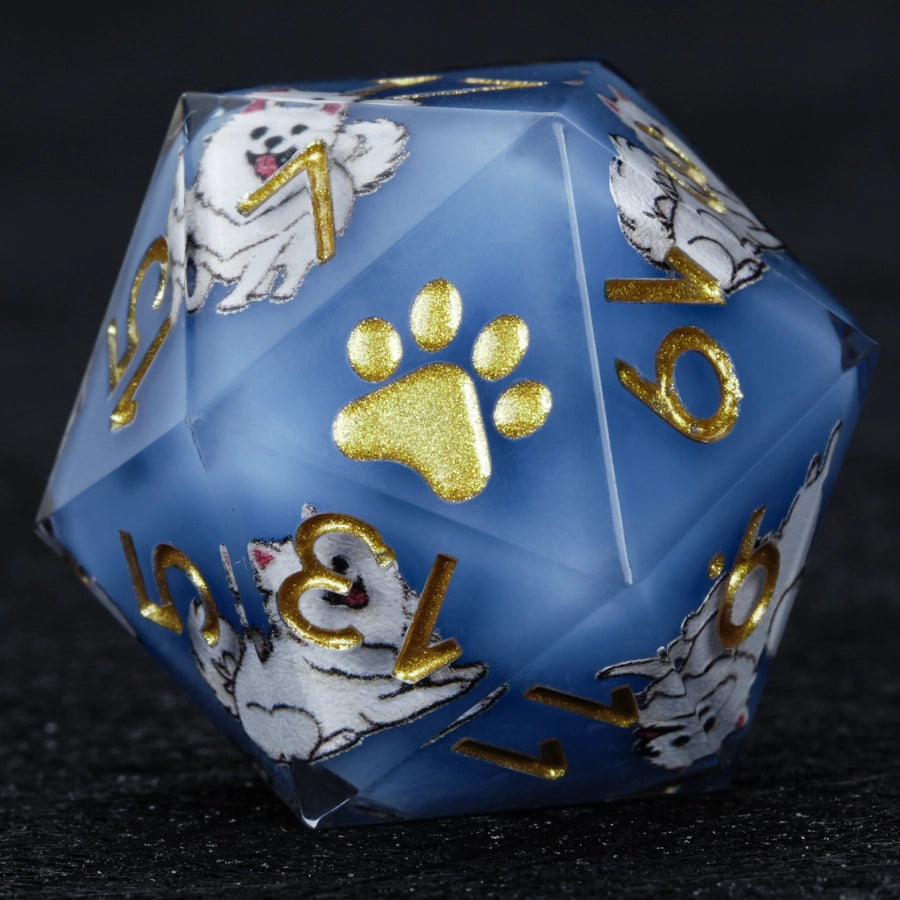 Kickstarter Dice – Handcrafted Sharp-Edged Blue Resin Pomeranian DND D20 Dice with Gold Paw Print Engraved on the Dice | Bear Dice