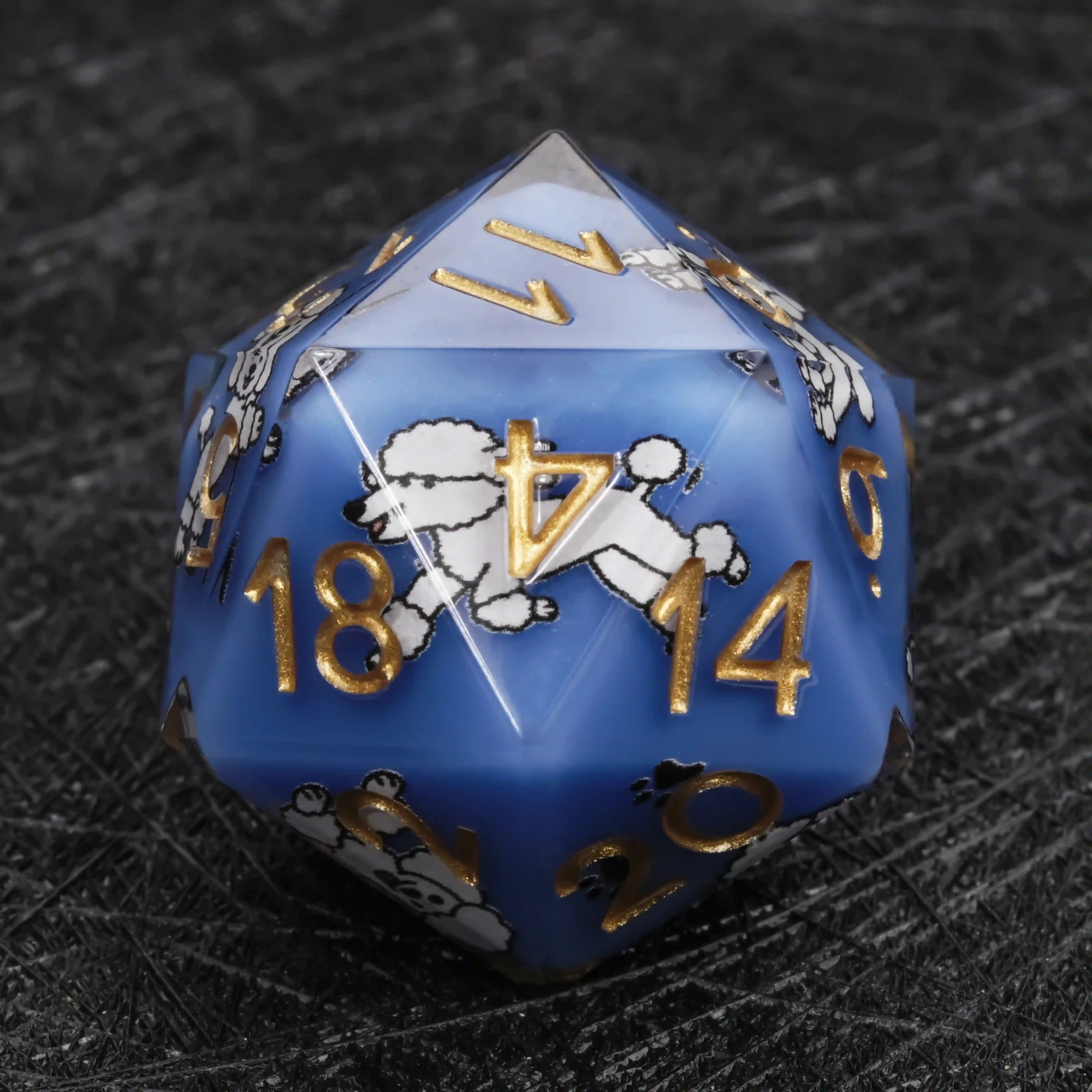 Kickstarter Dice – Blue Resin Poodle DND D20 Dice with Gold Numbers | Bear Dice