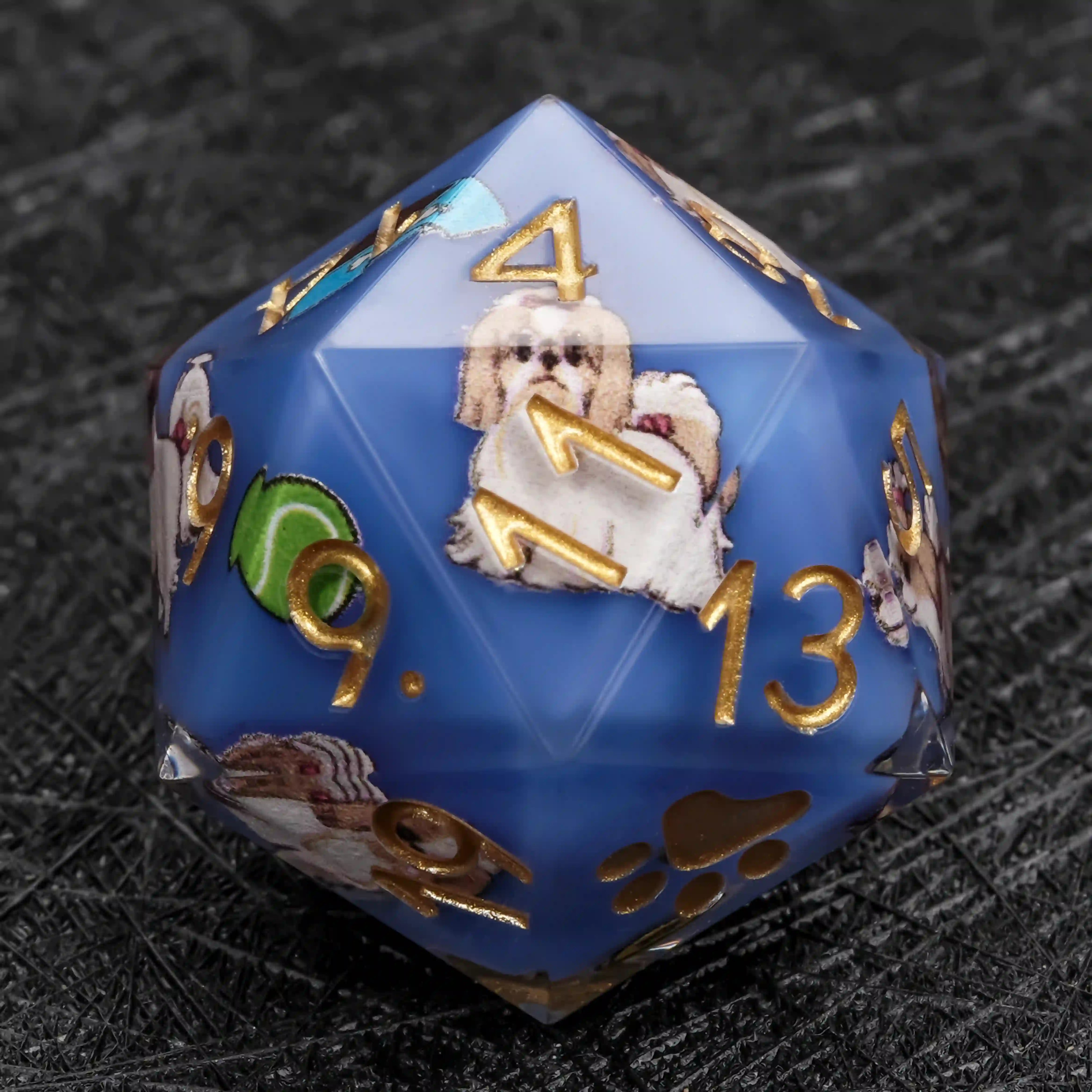 Kickstarter Dice – Blue Resin Shih Tzu DND D20 Dice with Gold Numbers | Bear Dice
