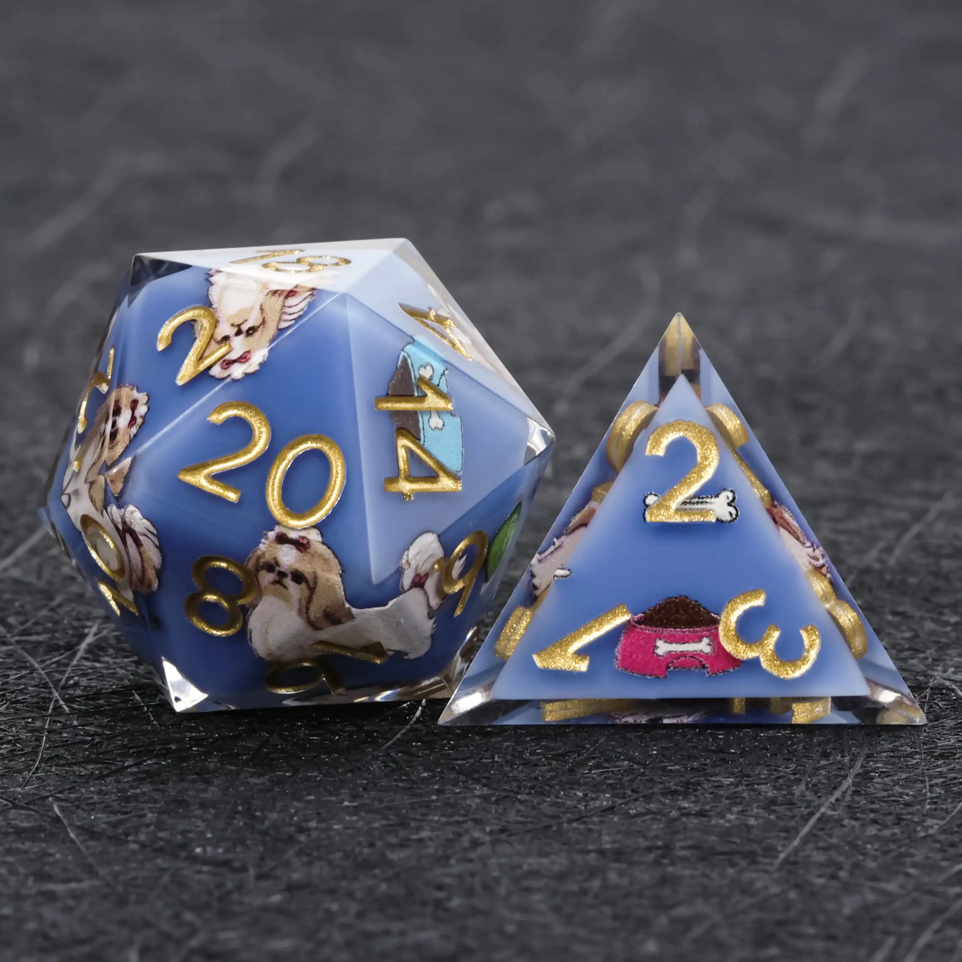 Kickstarter Dice – Blue Resin Shih Tzu DND D20 and D4 Dice | Bear Dice