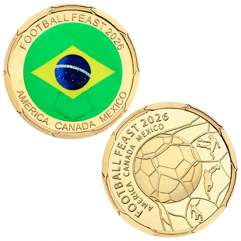 Brazil World Cup Flag Metal Coin – Obverse features the Brazilian flag; reverse features a 2026 World Cup soccer design | Bear Dice