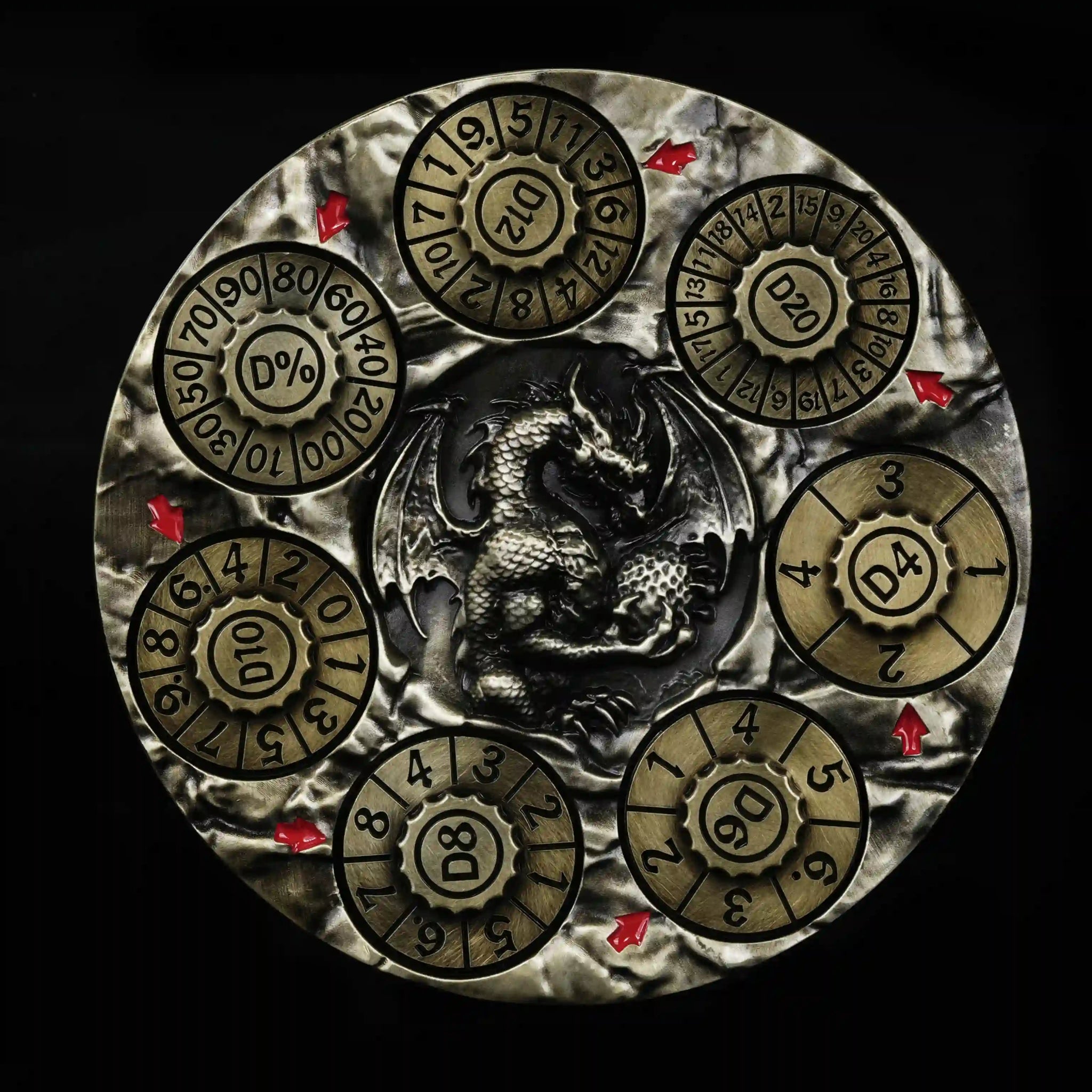Unique Dice Spinner: Bronze 7-in-1 metal 3D embossed dragon DND spinning wheel dice, black numbers | Bear Dice