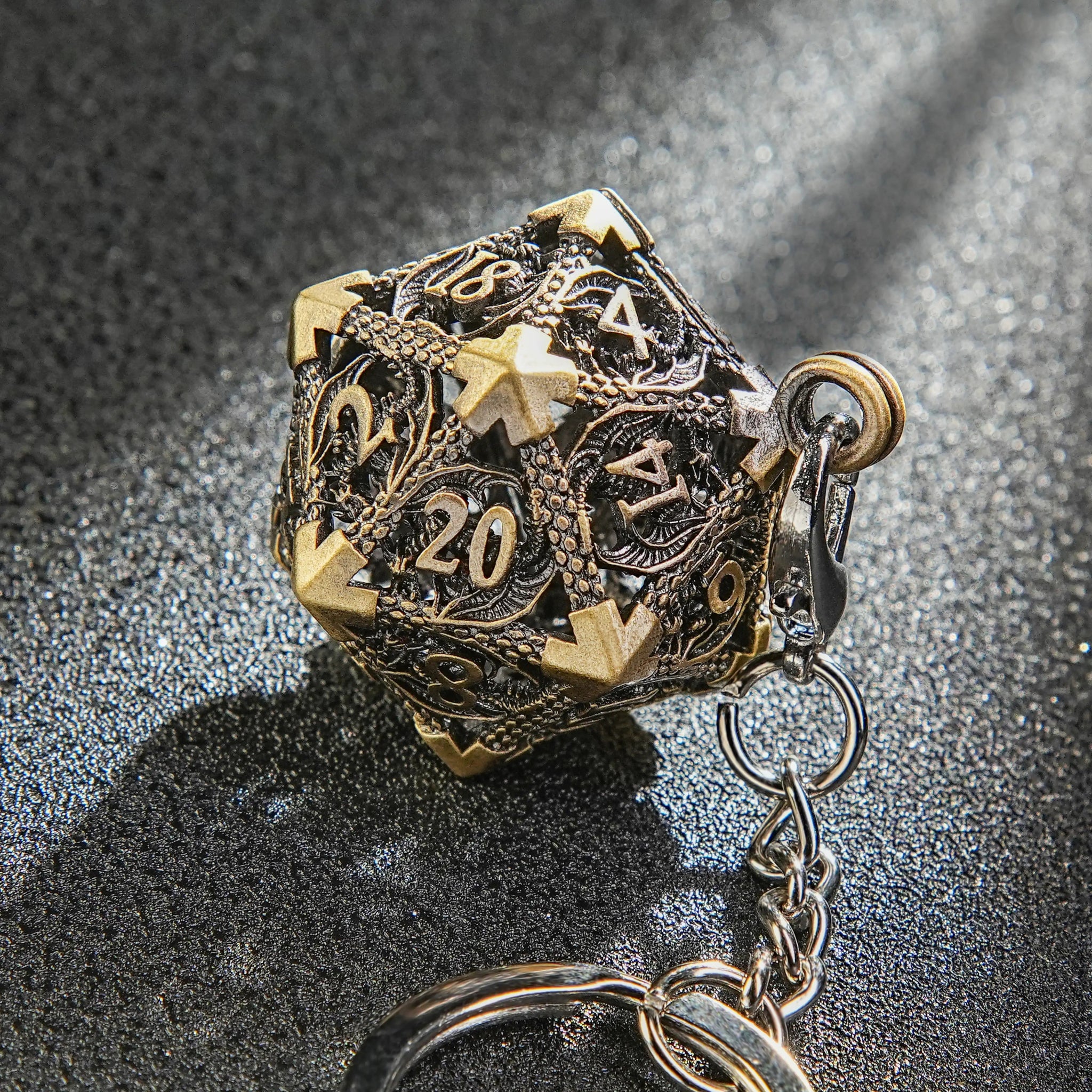 Bronze Metal Hollow D20 Dice Cage Necklace + DND Mini Metal Dice Set | Bear Dice