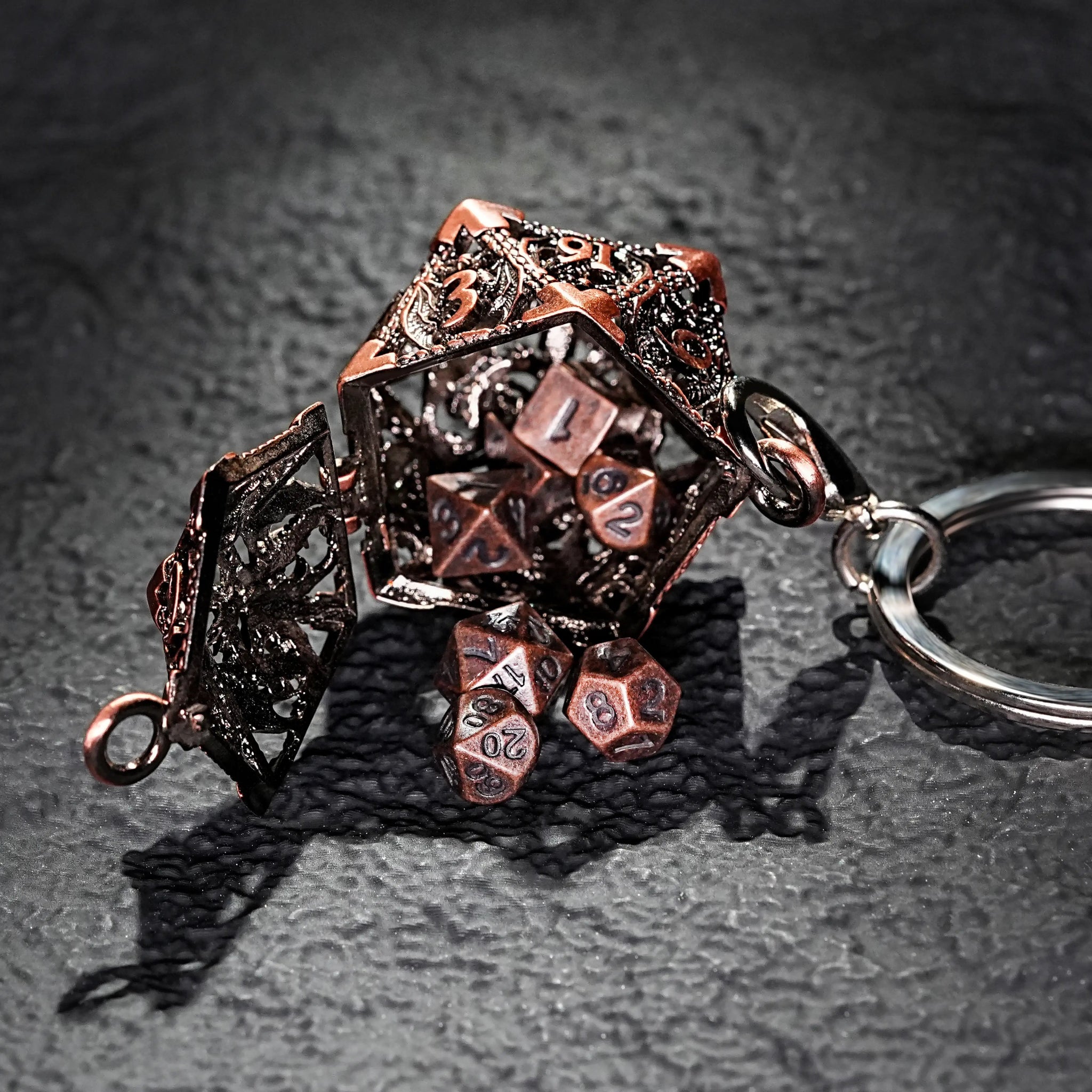 Bronze Metal D20 Dragon Dice Cage Keychain + Bronze DND Mini Metal Dice Set | Bear Dice