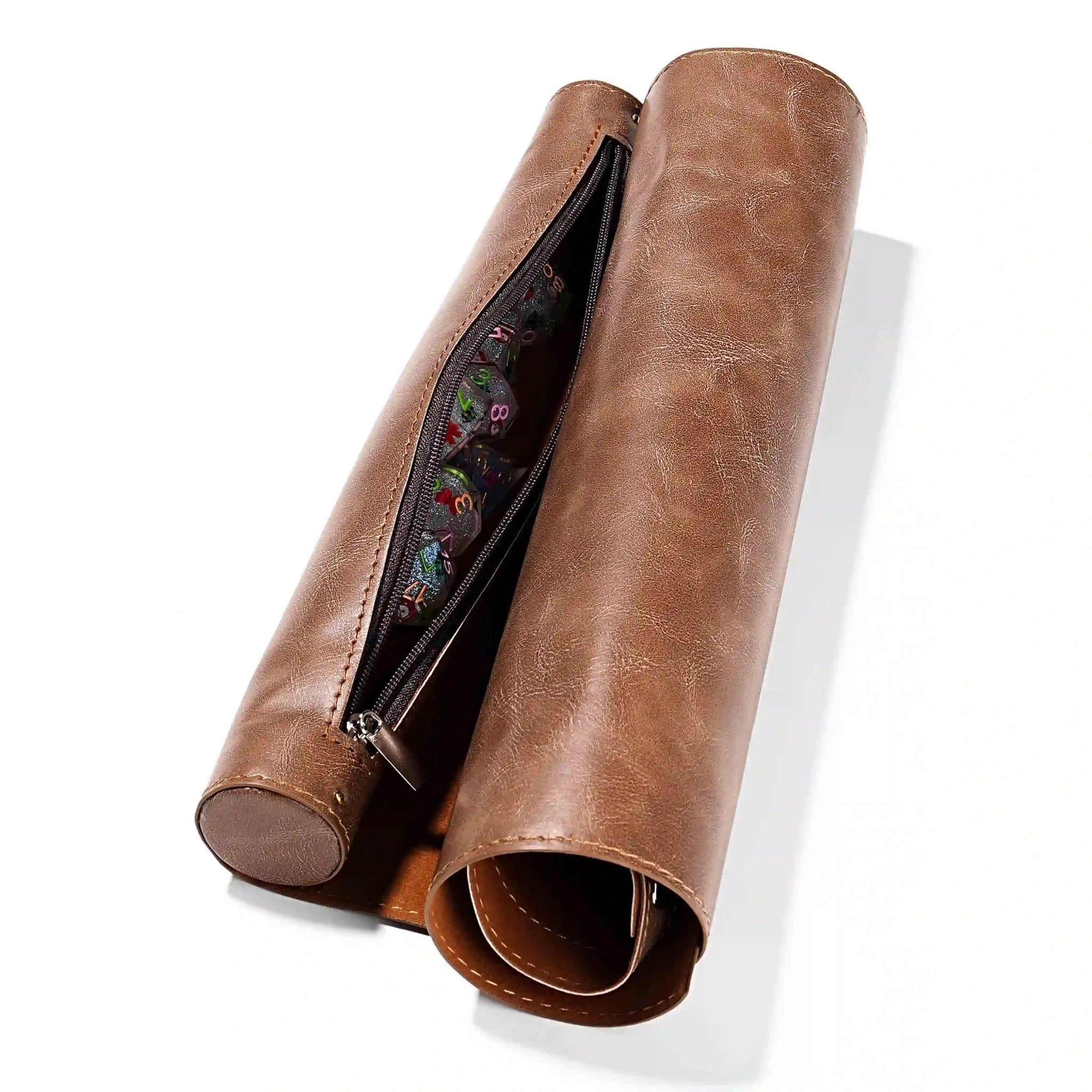 Brown leather padded scroll zippered dice bag holds two complete D&D dice sets | Bear Dice