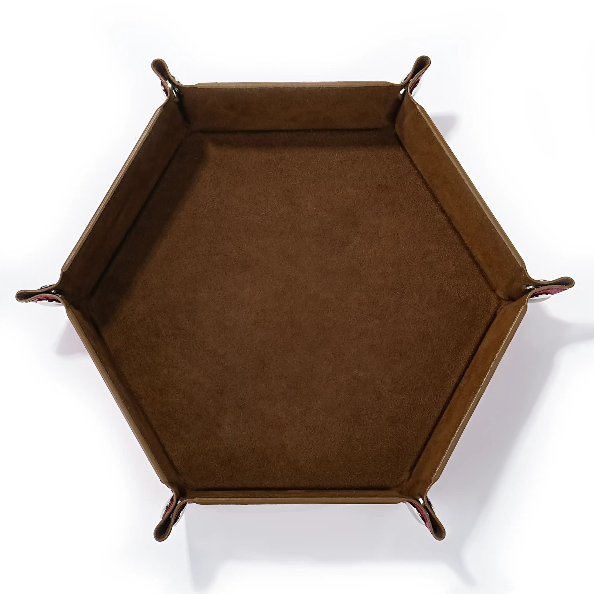 Hexagonal red PU leather RPG dice tray with silver buttons and brown lining | Bear Dice