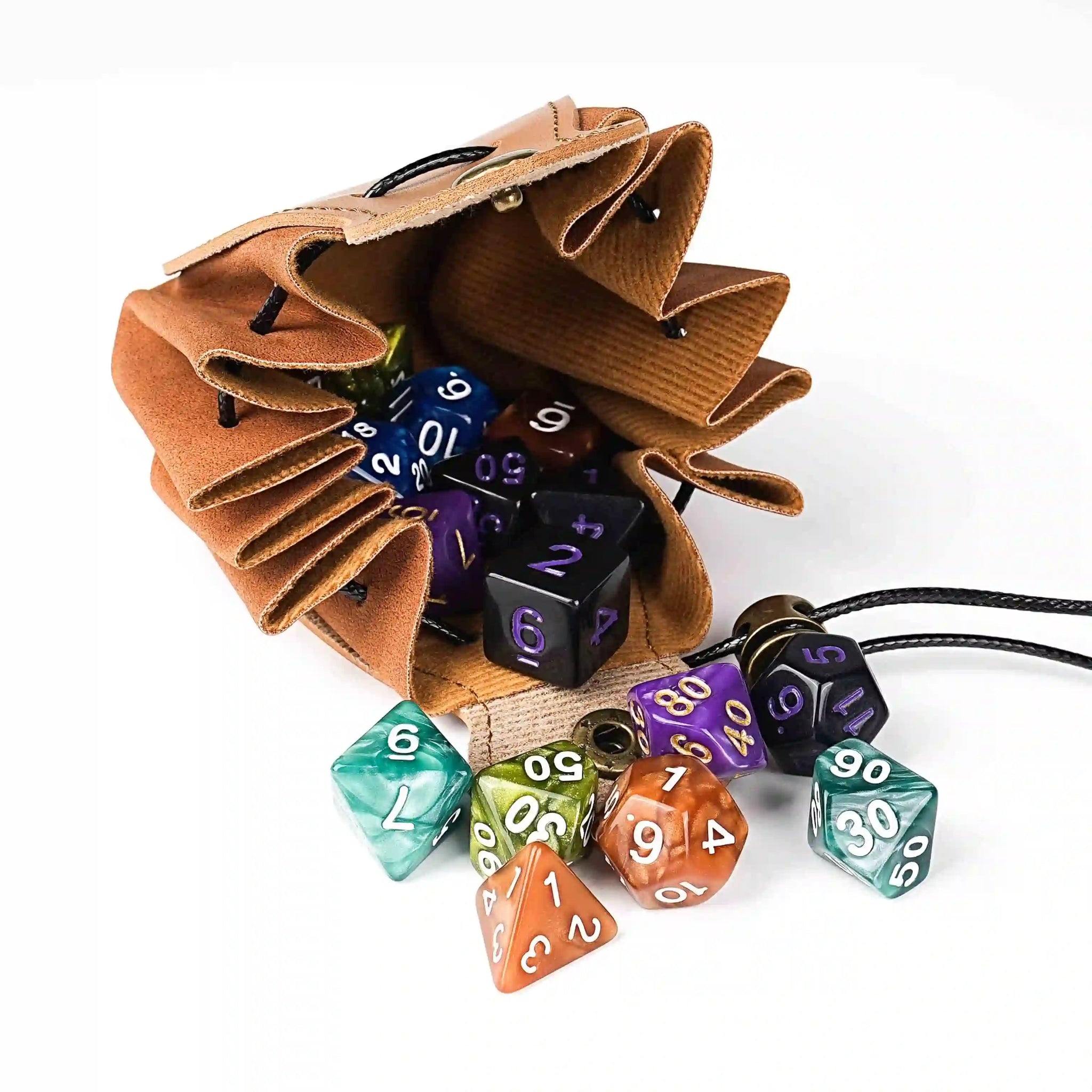 Handcrafted brown leather DND drawstring dice bag with button closure and printed Bear Dice logo, holds two sets of acrylic dice for easy portability | Bear Dice