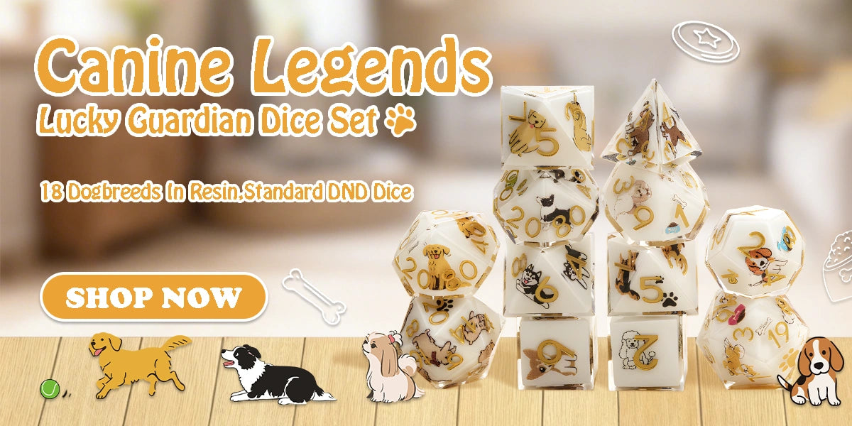 Canine Legends Lucky Guardian Dice Set | 18 dog breeds resin DND dice | BearDice