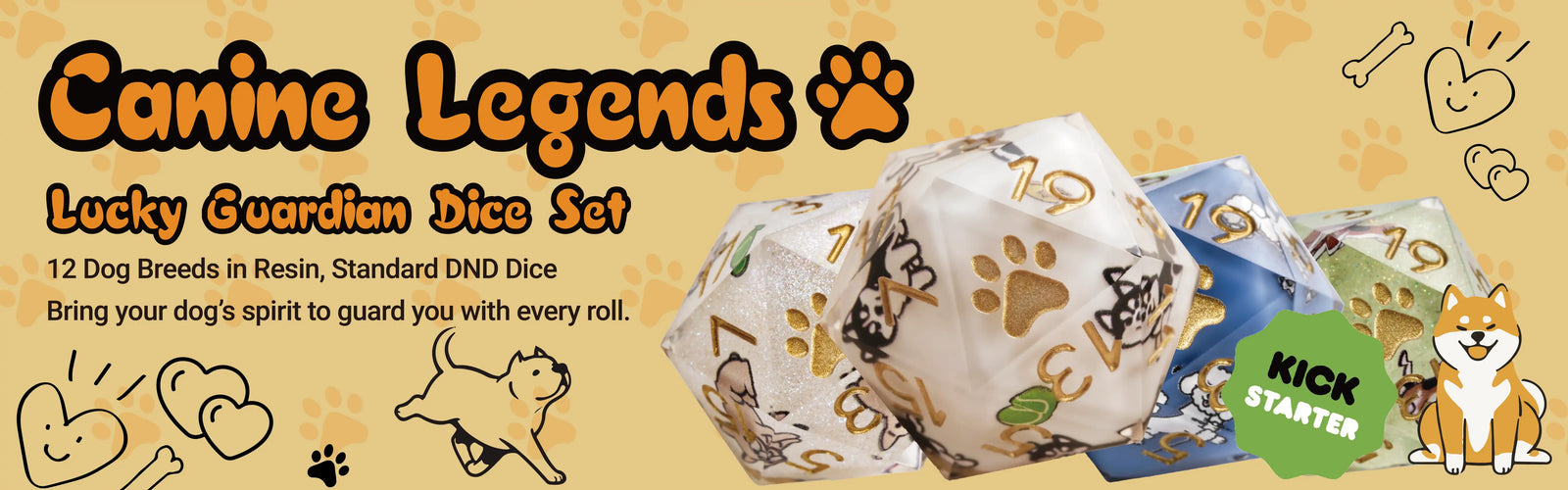 Canine Legends Lucky Guardian Dice Set, including 12 standard resin DND dice for each dog breed, Kickstarter campaign image | BearD