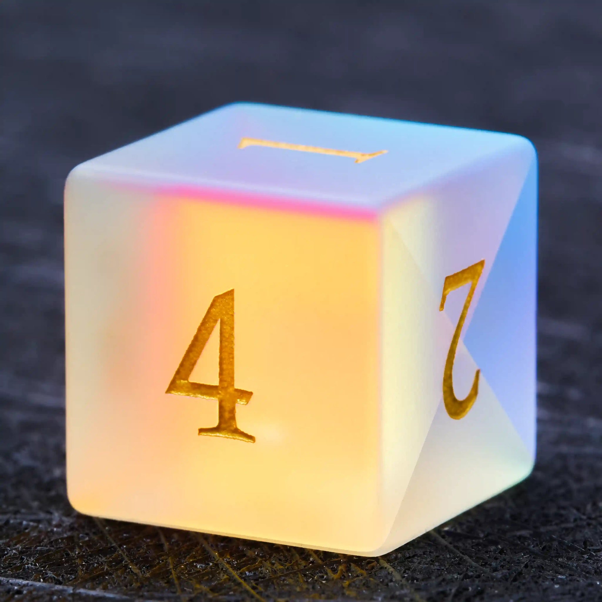 Colored frosted glass DND D6 dice with gold lettering | Bear Dice
