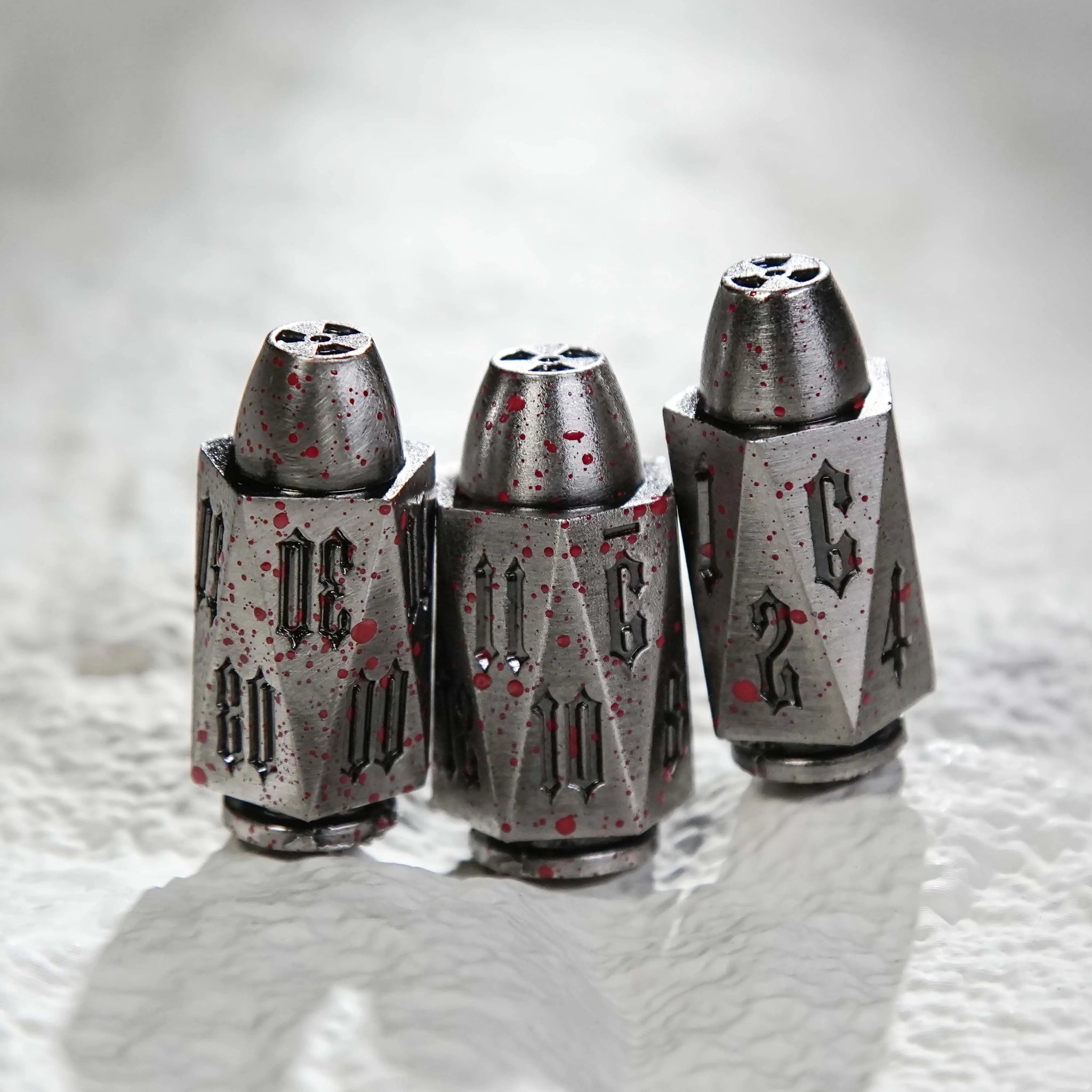 Cool Bloodstained Polyhedron DND Silver Metal Bullet D12, D10, and D8 Dice, Unique Bullet-Shaped RPG Dice | Bear Dice
