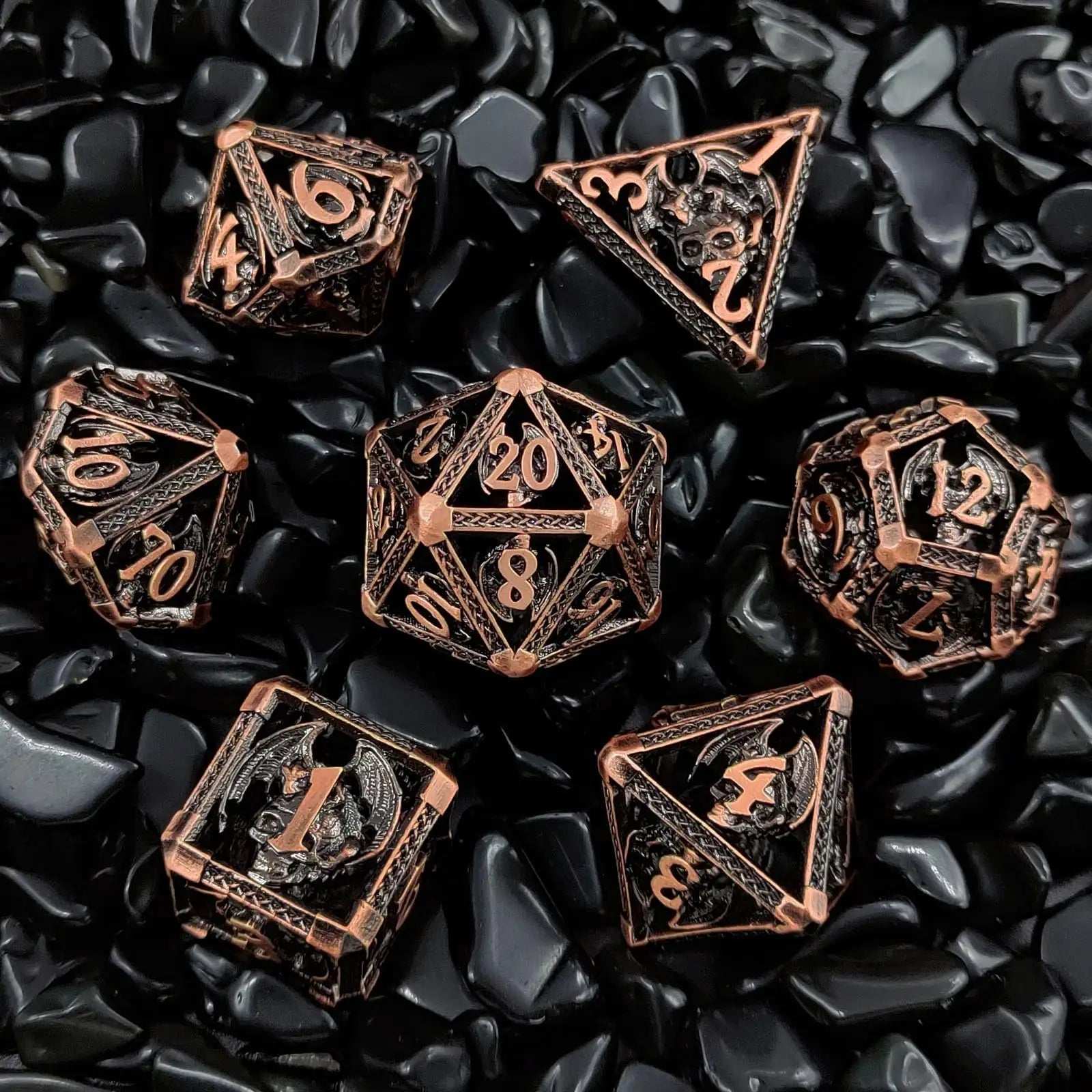 Cool ancient copper metal skull flying dragon hollow DND dice set | Bear Dice
