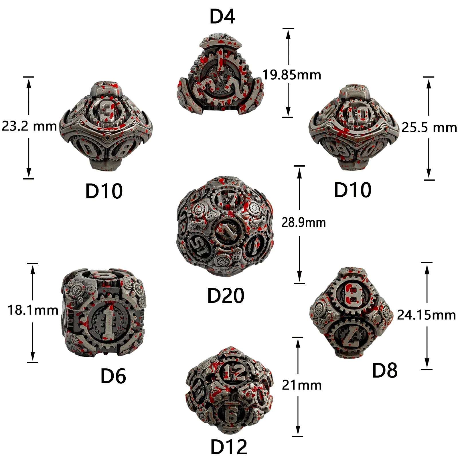 Cool metal mechanical gear DND dice set dimensions: D4 ≈ 19.85mm; D6 ≈ 18.1mm; D8 ≈ 24.15mm; D10 ≈ 23.2mm; D20 ≈ 25.5mm; D12 ≈ 21mm; D20 ≈ 28.9mm | Bear Dice
