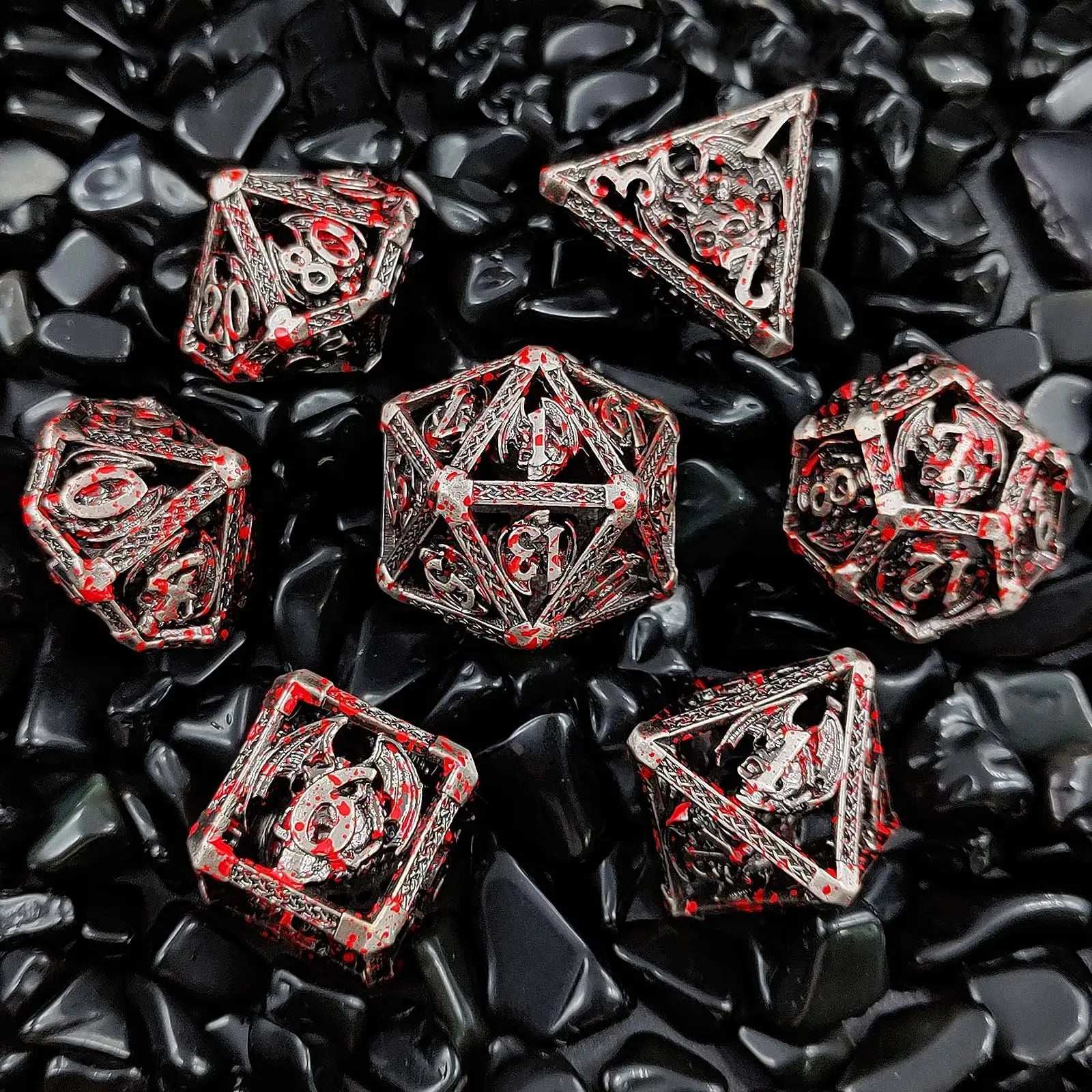 Cool bloody skull flying dragon metal hollow DND dice set| Bear Dice
