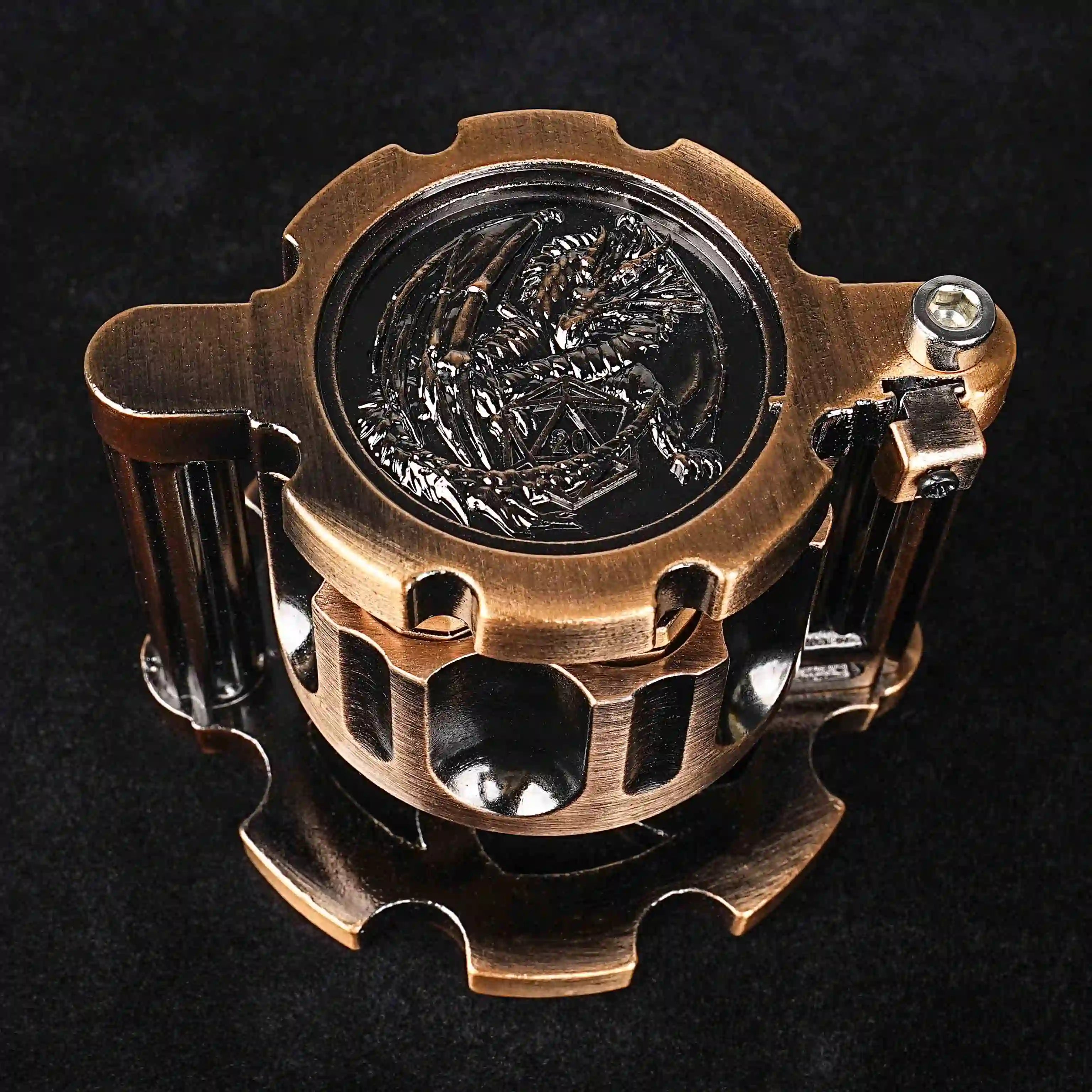 Unique revolver dice set : Red copper revolver cylinder container contains 7 cool solid metal dnd bullet dice | Bear Dice