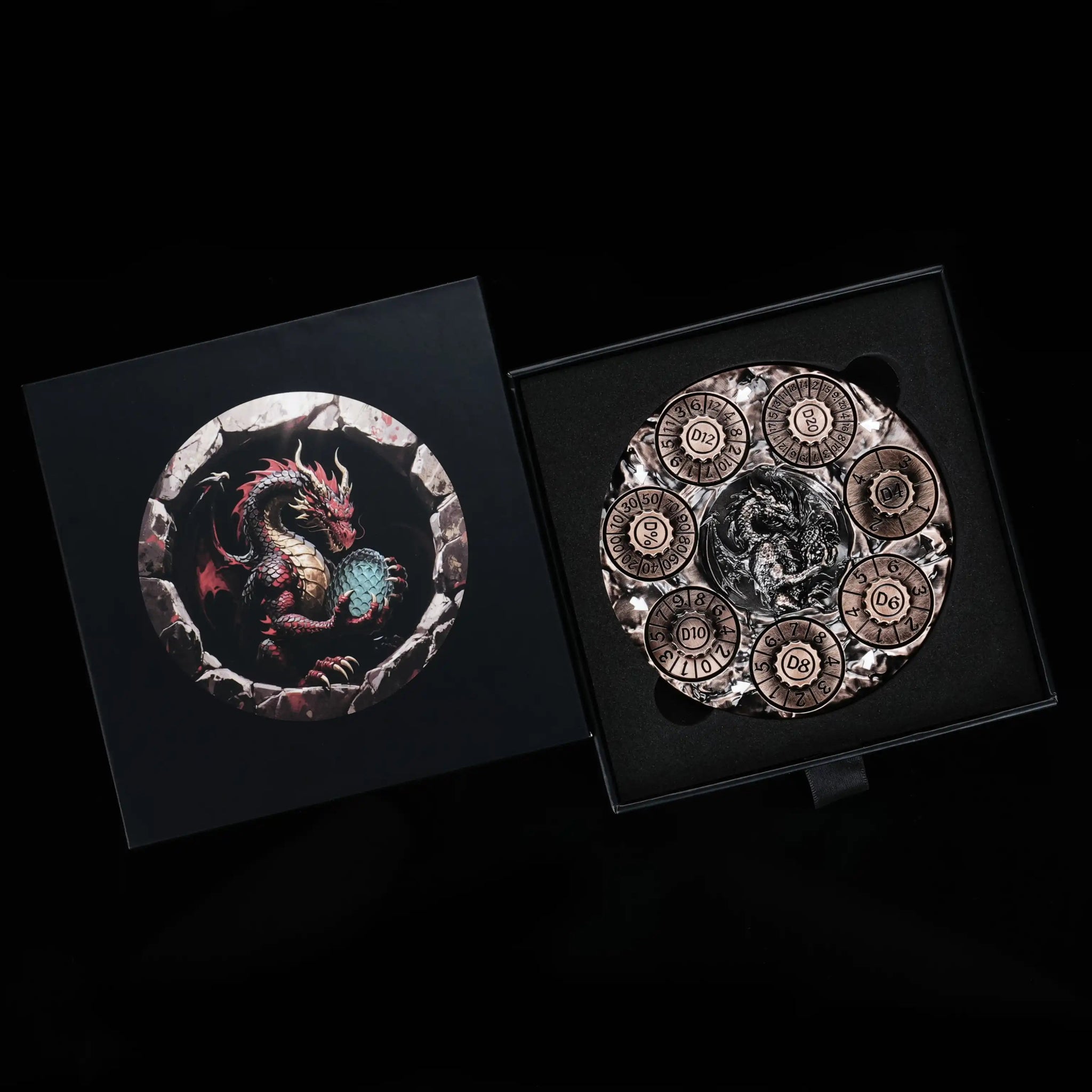 Unique Dice Spinner: 7-in-1 Copper Metal 3D Embossed Dragon DND Spinner with a matching black dice case | Bear Dice