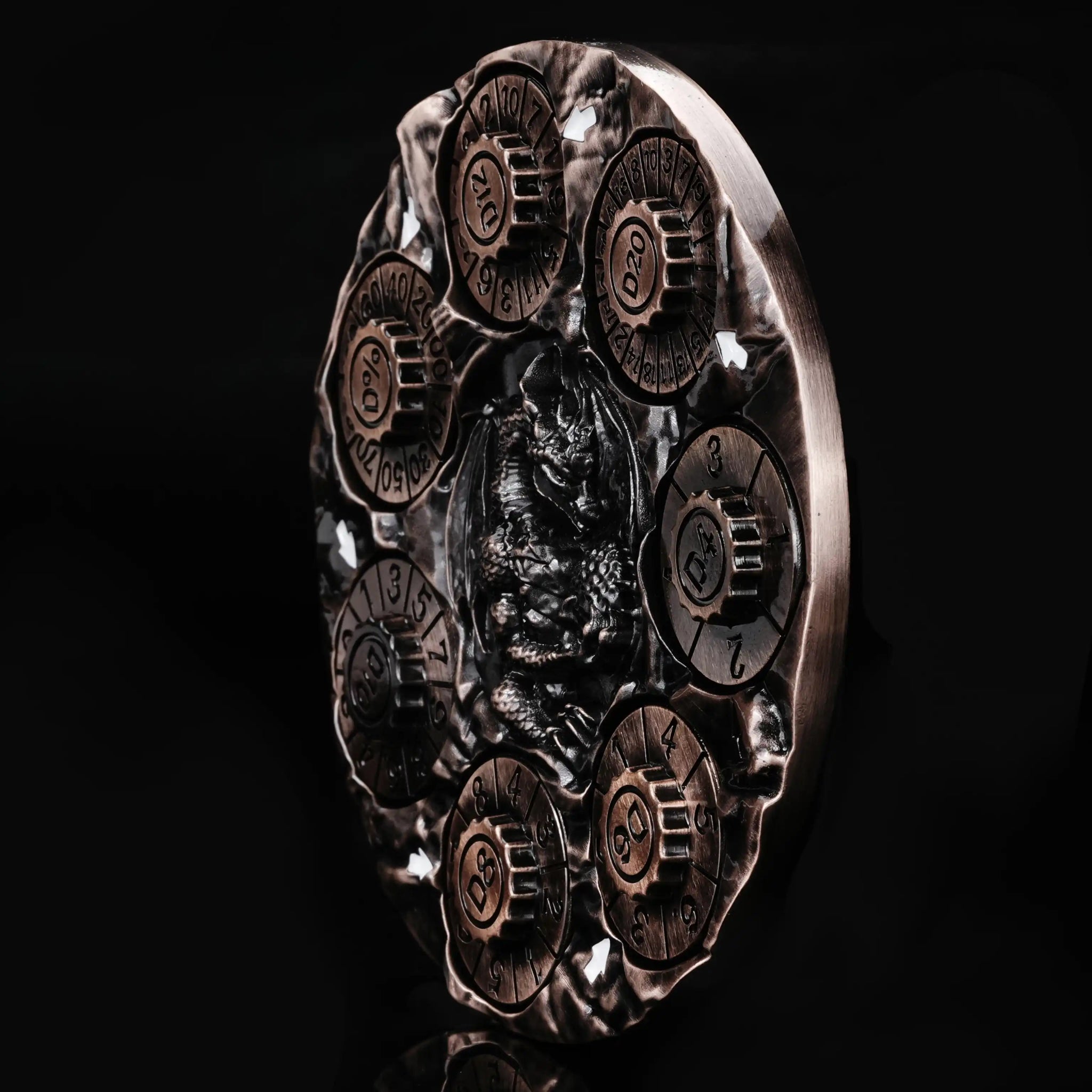 Unique Dice Spinner - Copper-colored 7-in-1 Metal 3D Embossed Dragon DND Spinner Side View | Bear Dice