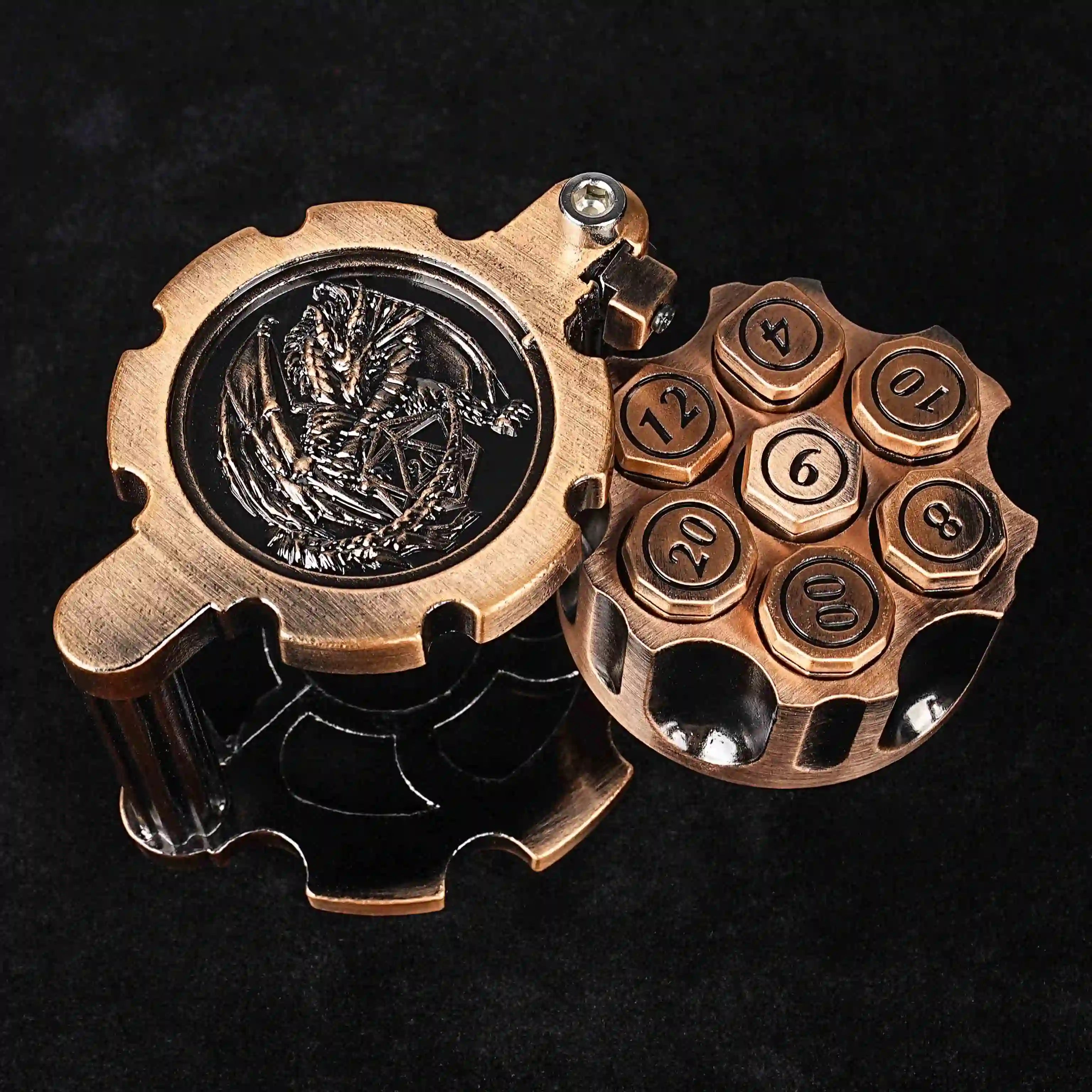 Unique Revolver Dice Set: Red copper revolver cylinder container contains 7 cool solid metal dnd bullet dice | Bear Dice