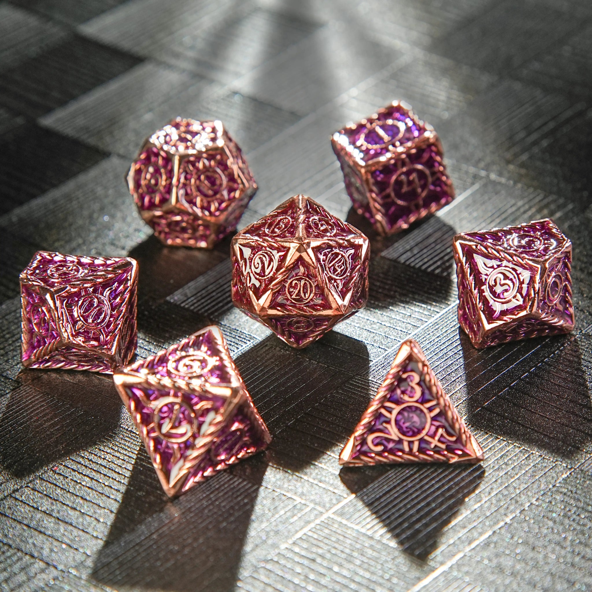 Copper and Purple Metallic Sun Rune Pattern DND Dice Set | Bear Dice