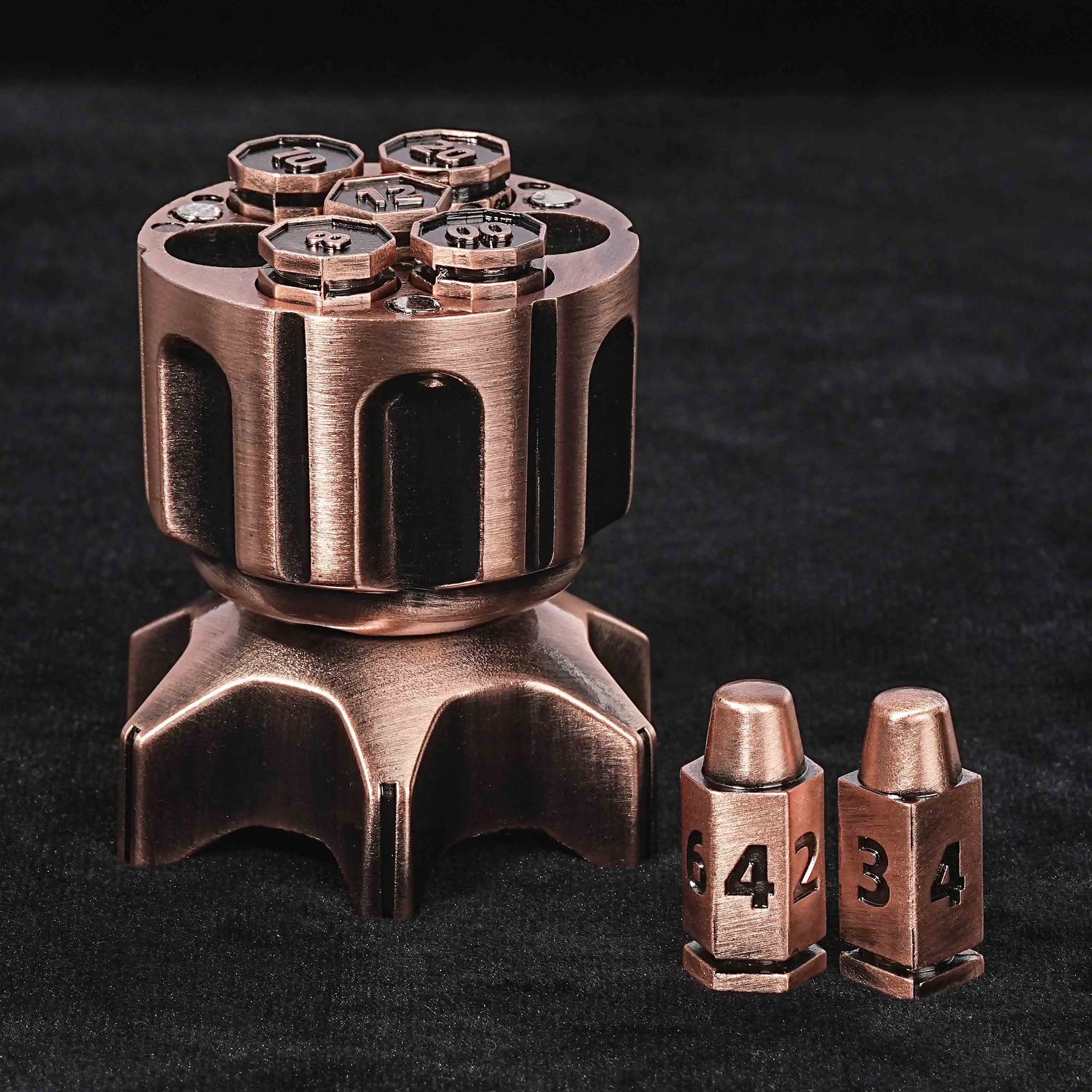 Cool Rocket Launcher Dice Box + Unique Red Copper Metal Polyhedron DND Bullet D4 Dice、D6 Dice | Bear Dice
