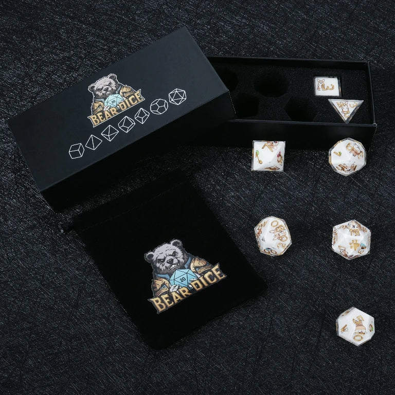 Kickstarter Dice – Handcrafted, sharp-edged resin Corgi DND Dice Set, comes in a black BearDice dice case and includes a free black velvet drawstring dice bag | Bear Dice