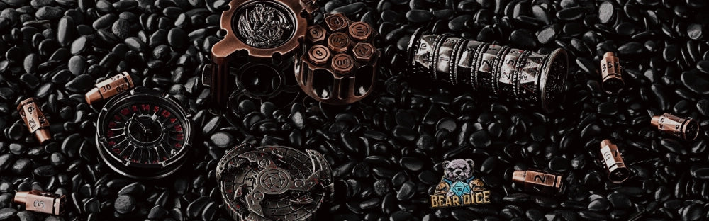 Close-up of the metal D&D dice and revolver bullet dice, set against a black pebble background.