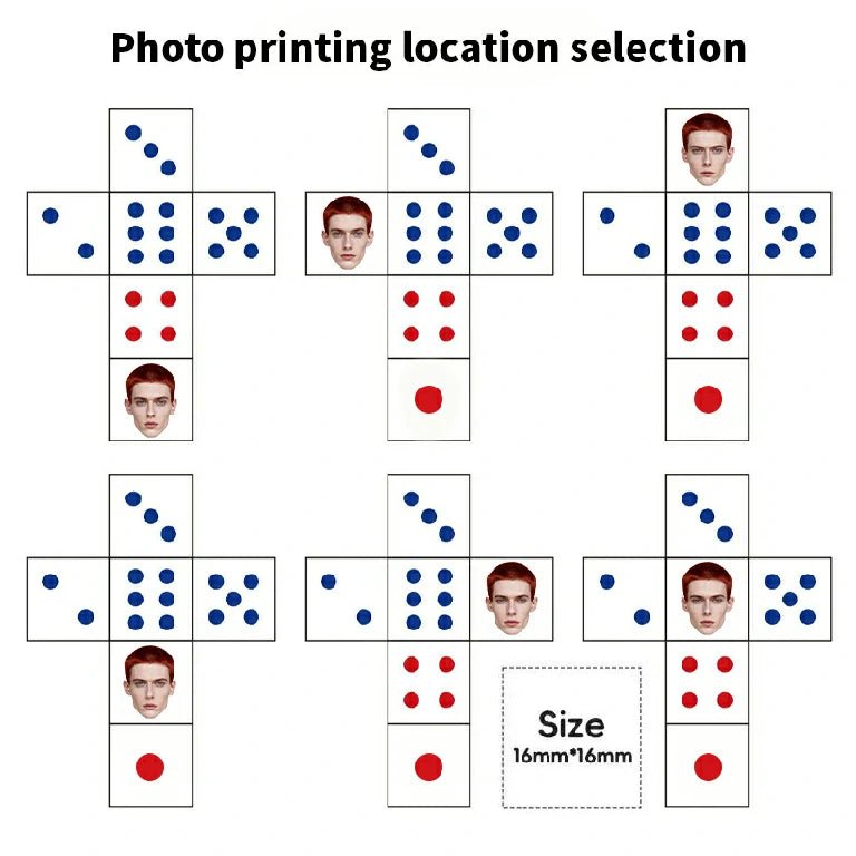 Custom-designed white acrylic D6 dice with face photos - printing position display. Personalized portrait photos can be printed on any face of the D6 die | Bear Dice
