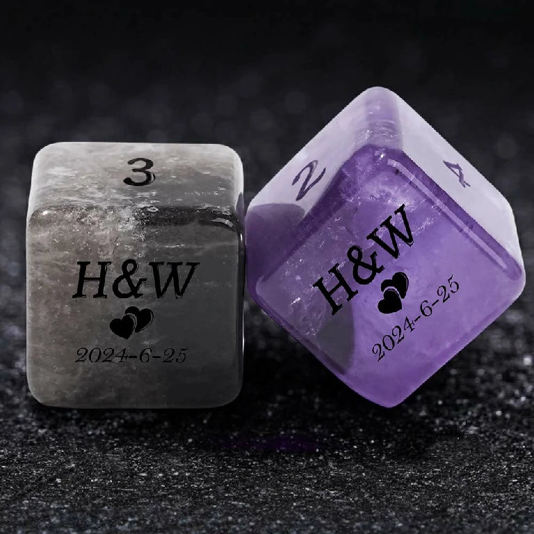 Custom D6 dice made from natural gemstones, engraved with text, dates, symbols, names, patterns, etc. | Bear Dice