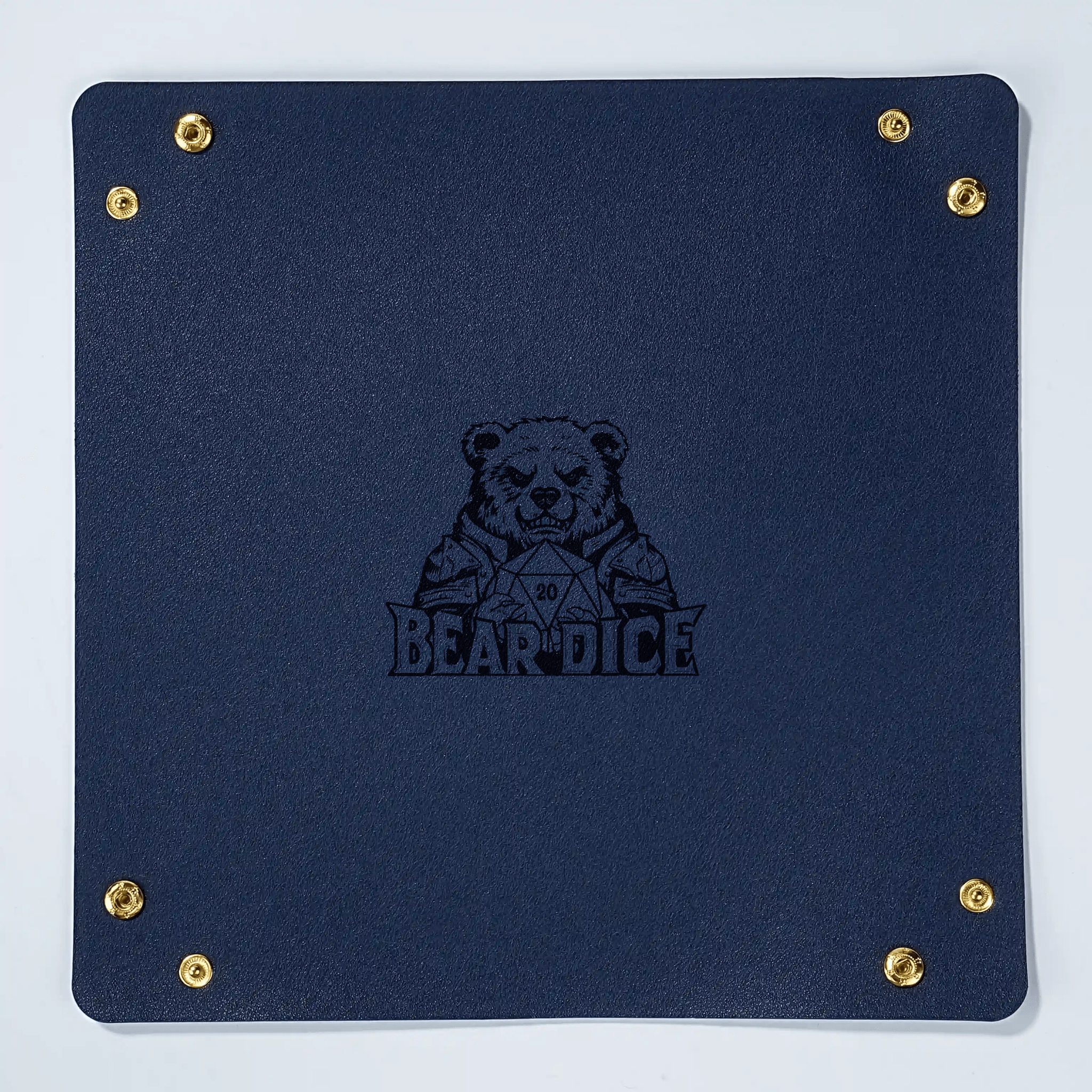 Custom blue leather DND dice tray, foldable personalized dice roller and mat, with a black Bear Dice logo embossed in the center.