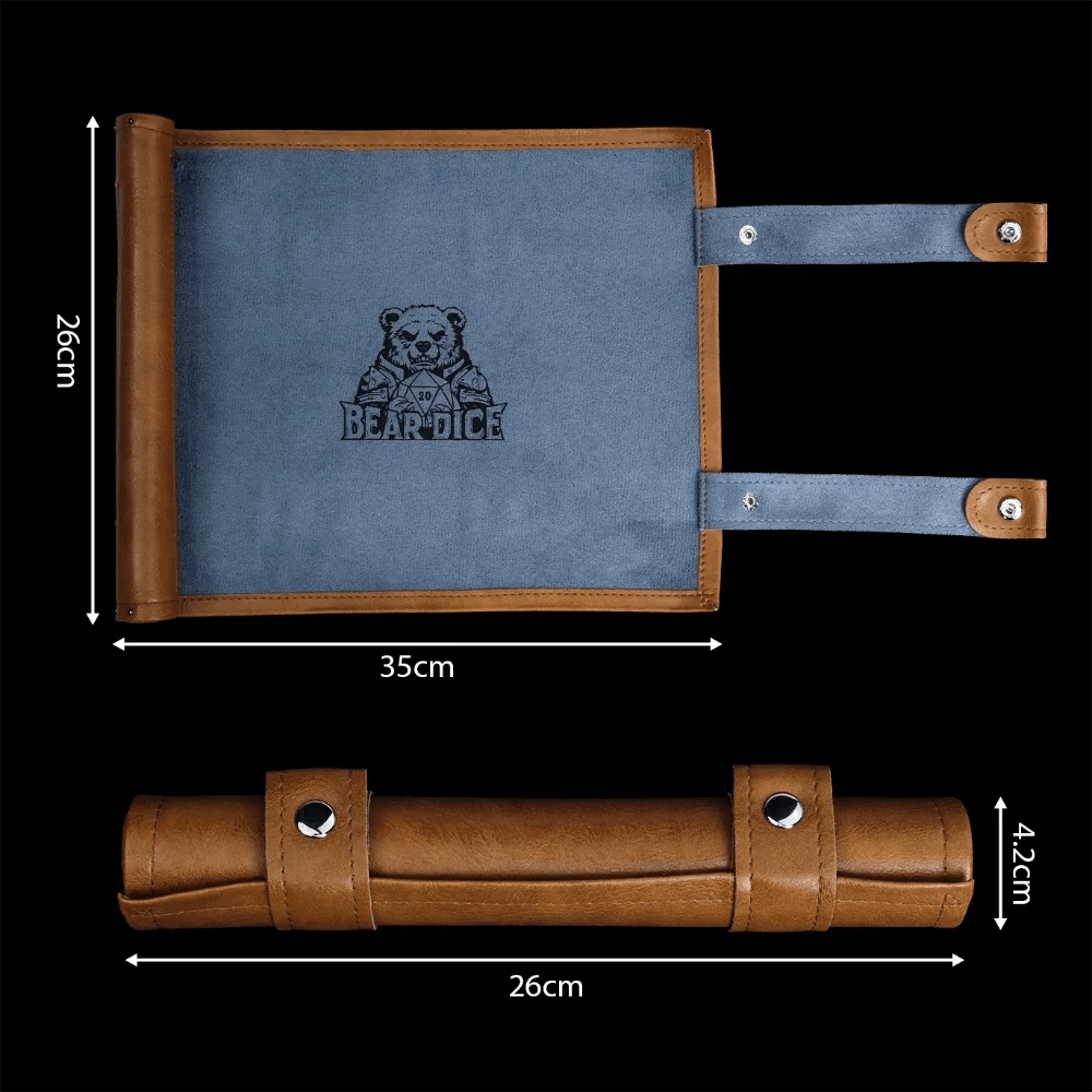 One-piece leather mat tray roll-type DND dice box, logo pattern can be printed in the middle of the roll. The dice mat roll is 4.2 cm in diameter and 26 cm in length when rolled up; the roll is 35 cm long when unfolded | Bear Dice