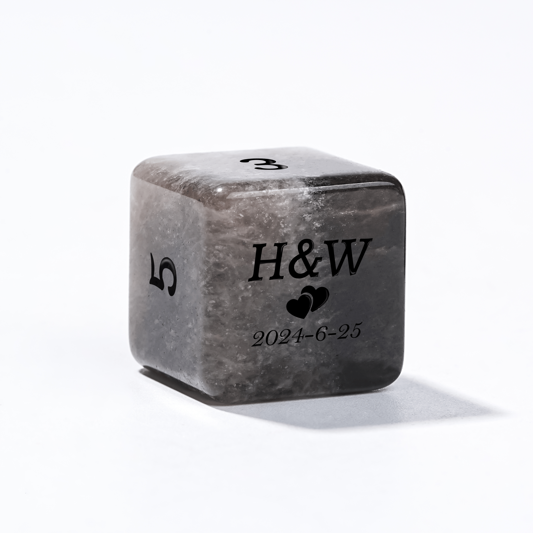 Custom personalized brown natural gemstone D6 dice, engraved with text, dates, symbols, names, patterns, etc. | Bear Dice