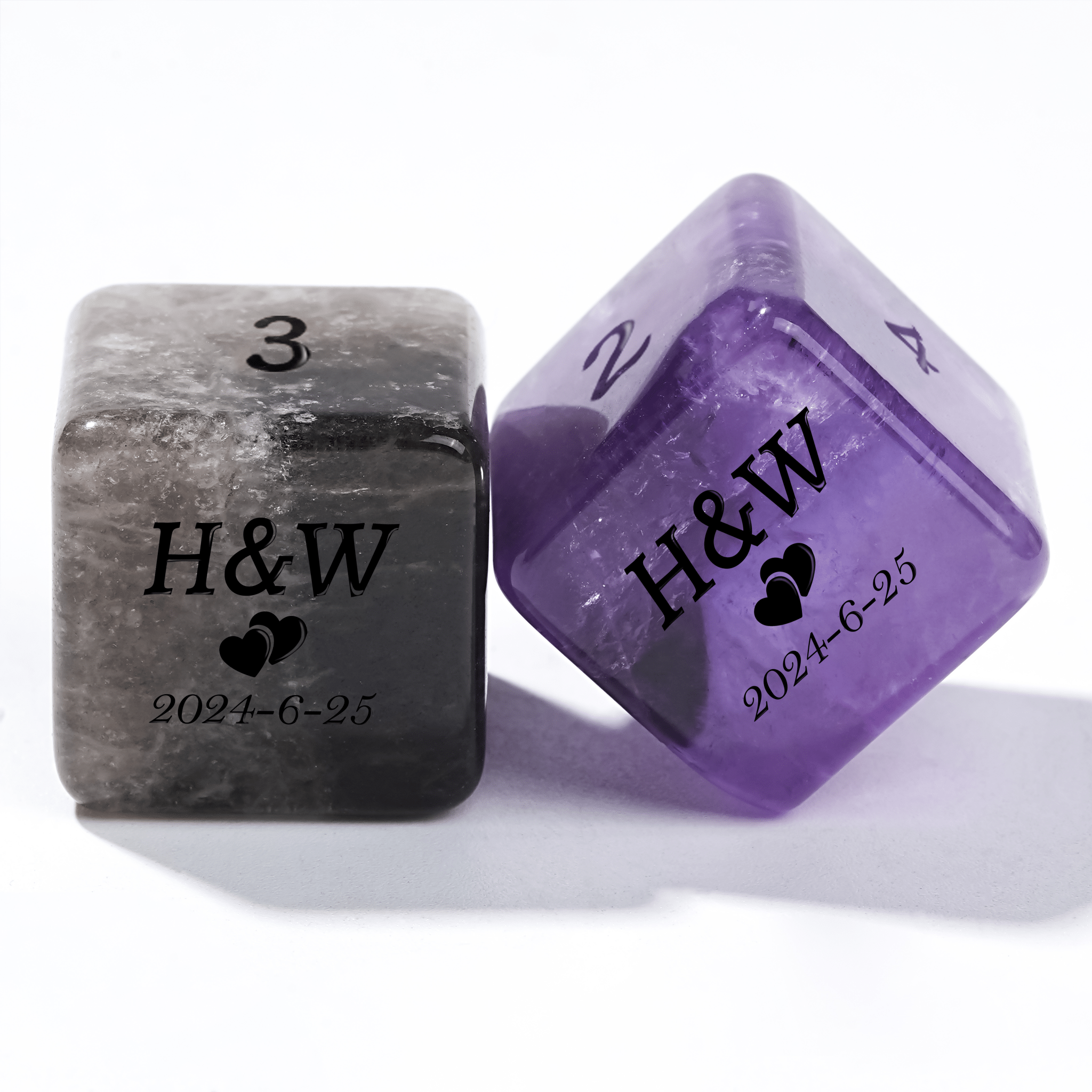 Custom D6 dice made from natural gemstones, engraved with text, dates, symbols, names, patterns, etc. | Bear Dice