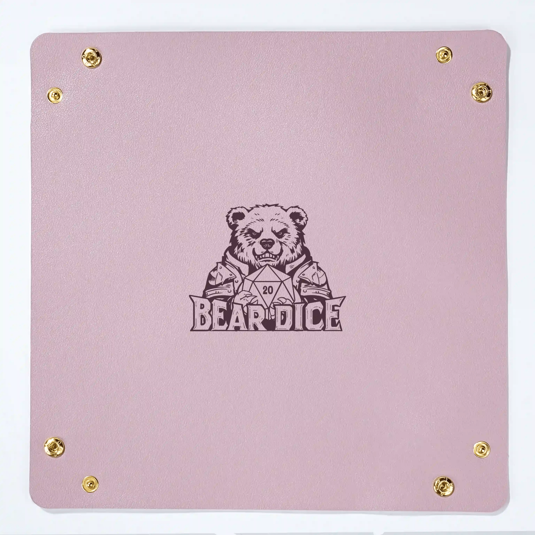 Custom pink leather DND dice tray, foldable personalized dice roller and mat, with a black Bear Dice logo embossed in the center of the tray.
