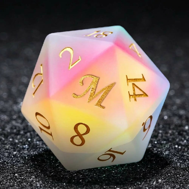Custom-made, personalized, iridescent prism glass dice, engraved with text, symbols, and patterns | Bear Dice