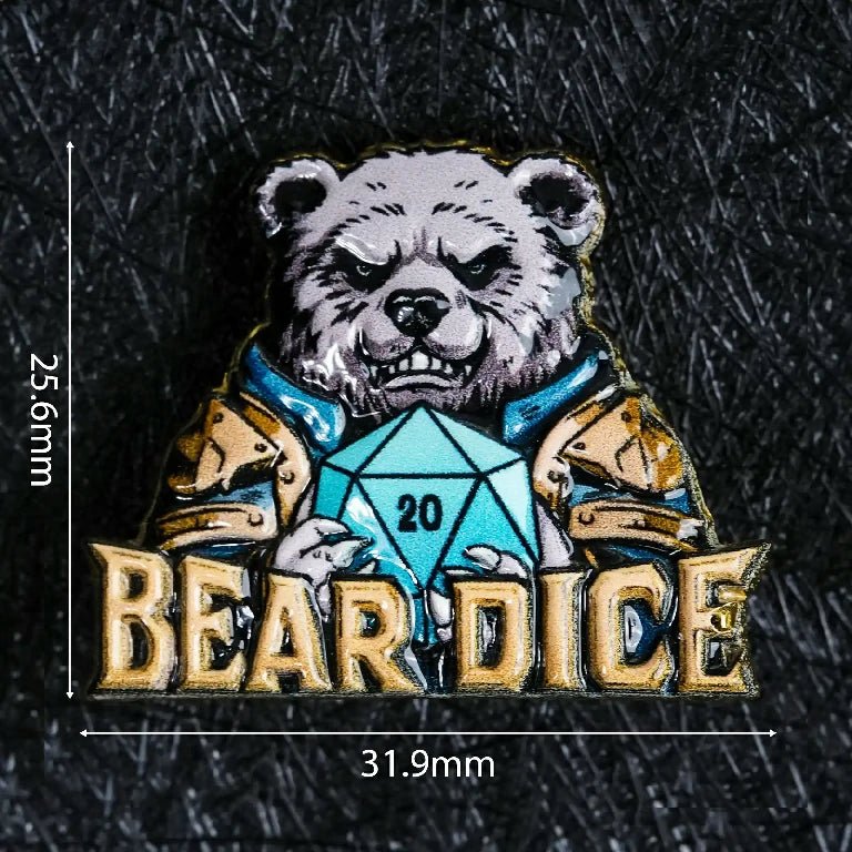 Customizable personalized metal brooches and badges - customizable shapes and designs. Bear Dice logo metal brooch dimensions: 31.9 mm long, 25.6 mm wide | Bear Dice