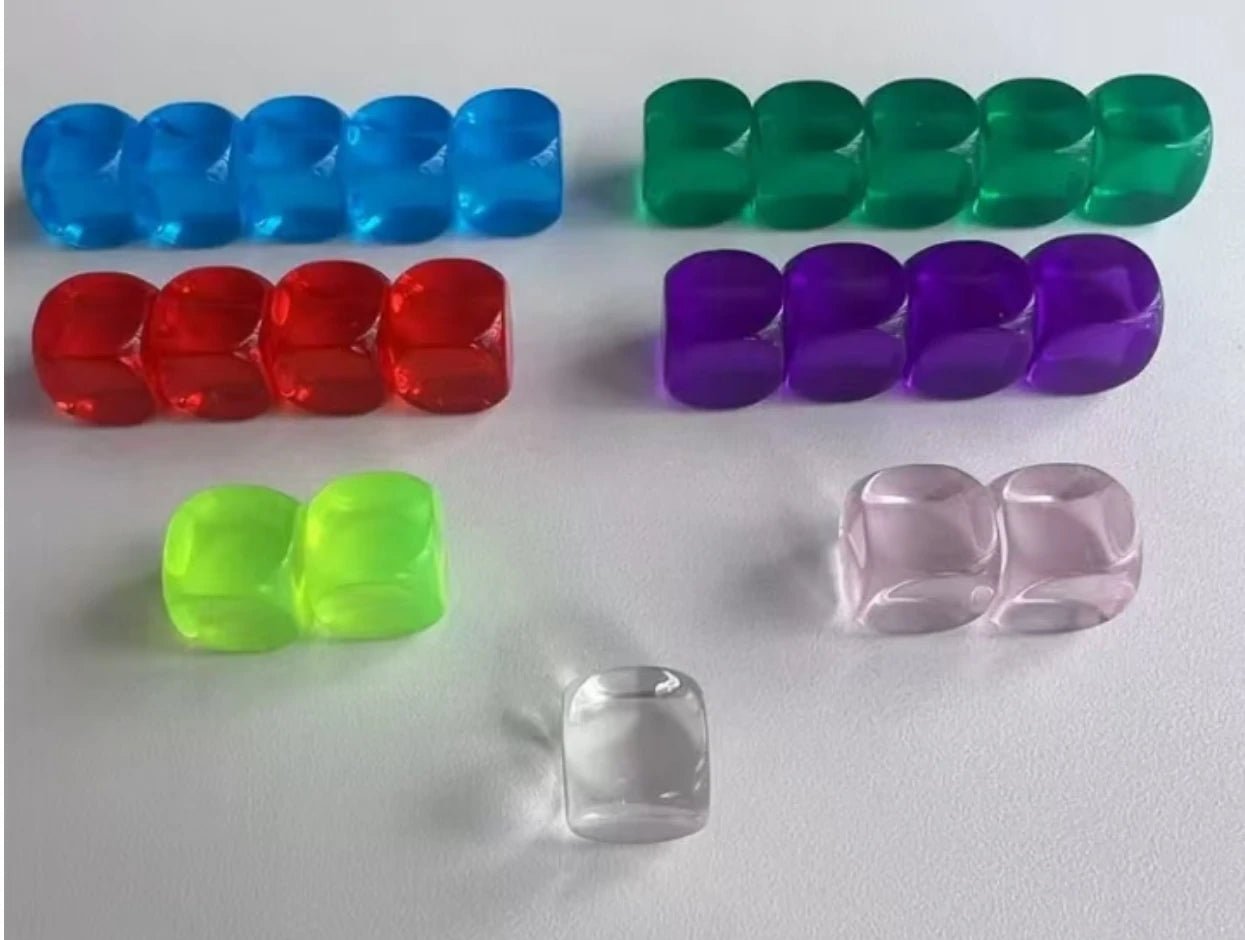 Customizable transparent acrylic D6 dice with personalized logos, allowing engraving of designs, text, symbols, etc., available in 7 transparent acrylic colors: blue, green, cyan, red, light pink, transparent, and purple. |Bear Dice