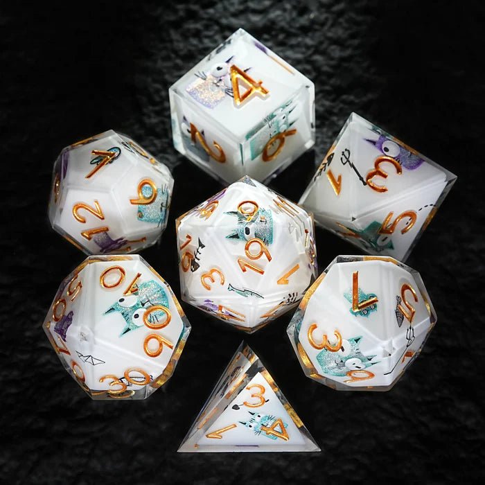 Customized DND polyhedral sticker dice set, featuring white transparent resin dice with various cute cartoon cat stickers, engraved gold numbers, and personalized dice gifts | Bear Dice