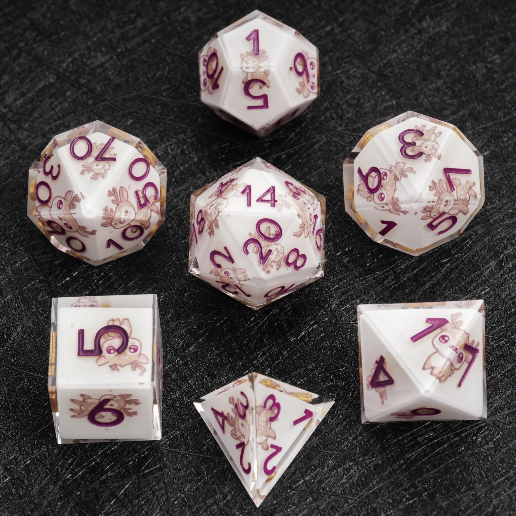 Customized DND polyhedral sticker dice set, featuring white transparent resin dice with various cute deer stickers and engraved purple numbers. A personalized dice gift | Bear Dice