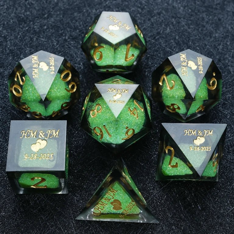 Personalized wedding die set with customizable die cores and font colors, engravings, names, anniversaries, symbols, and more | Bear Dice