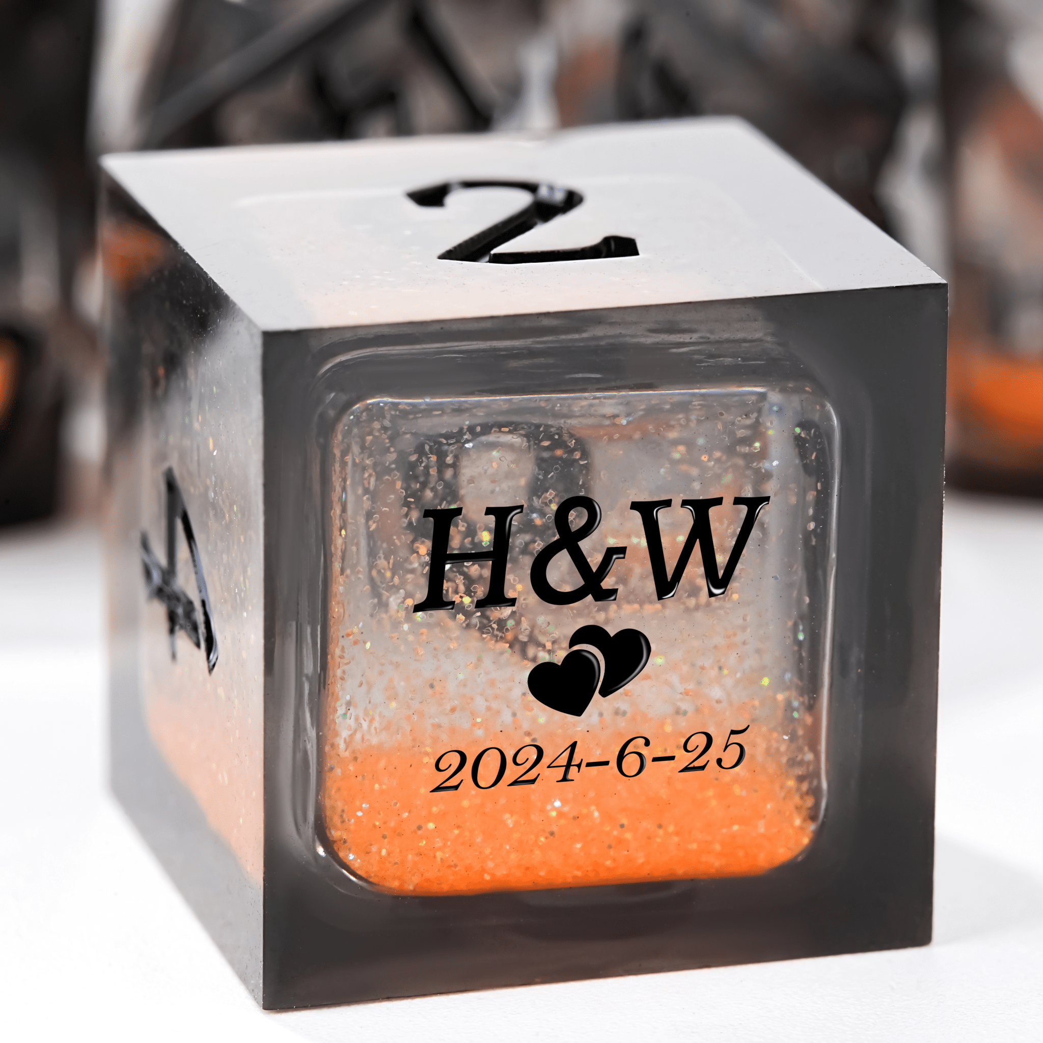 Customize your own liquid core wedding dice, a unique wedding anniversary gift, engraved with your name, a little heart, the anniversary date, and more | Bear Dice