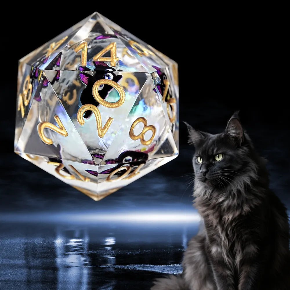 Cute Big-Eyed Black Cat DND Resin D20 Dice with Gold Numbers, Round Colored Sequin Liquid Core | Bear Dice