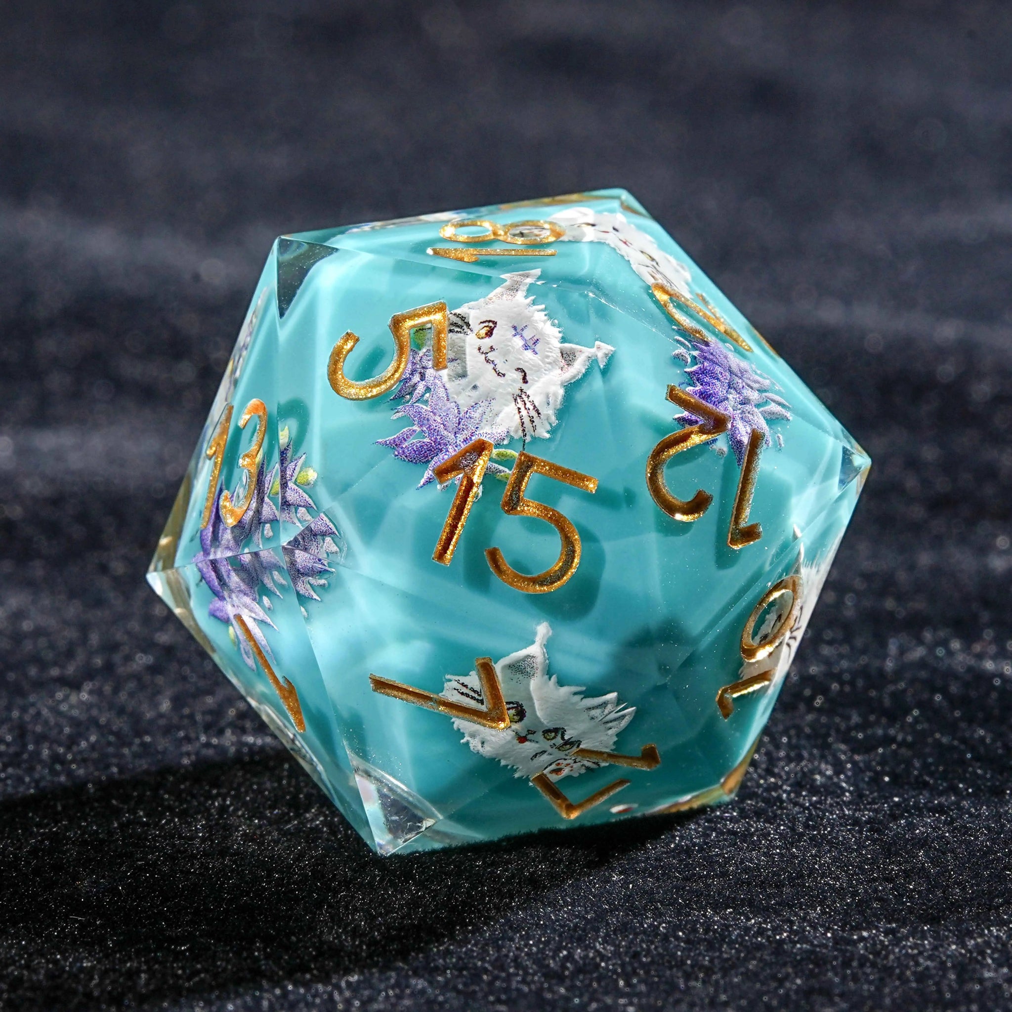 Cute plush white cat, blue resin DND 20-sided dice with gold engraved numbers | Bear Dice