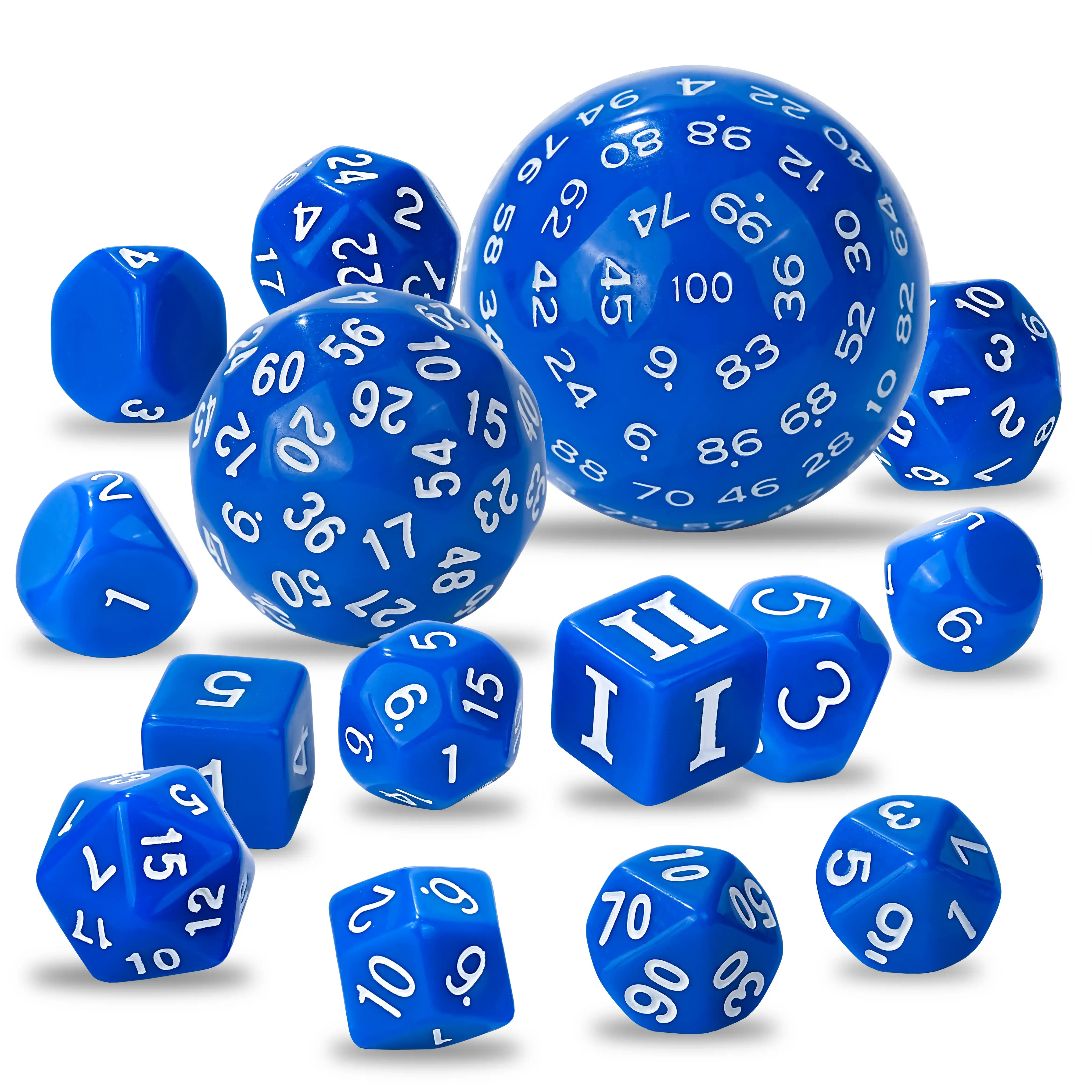 Blue acrylic polyhedral dice set with high-contrast number markings | BearDice