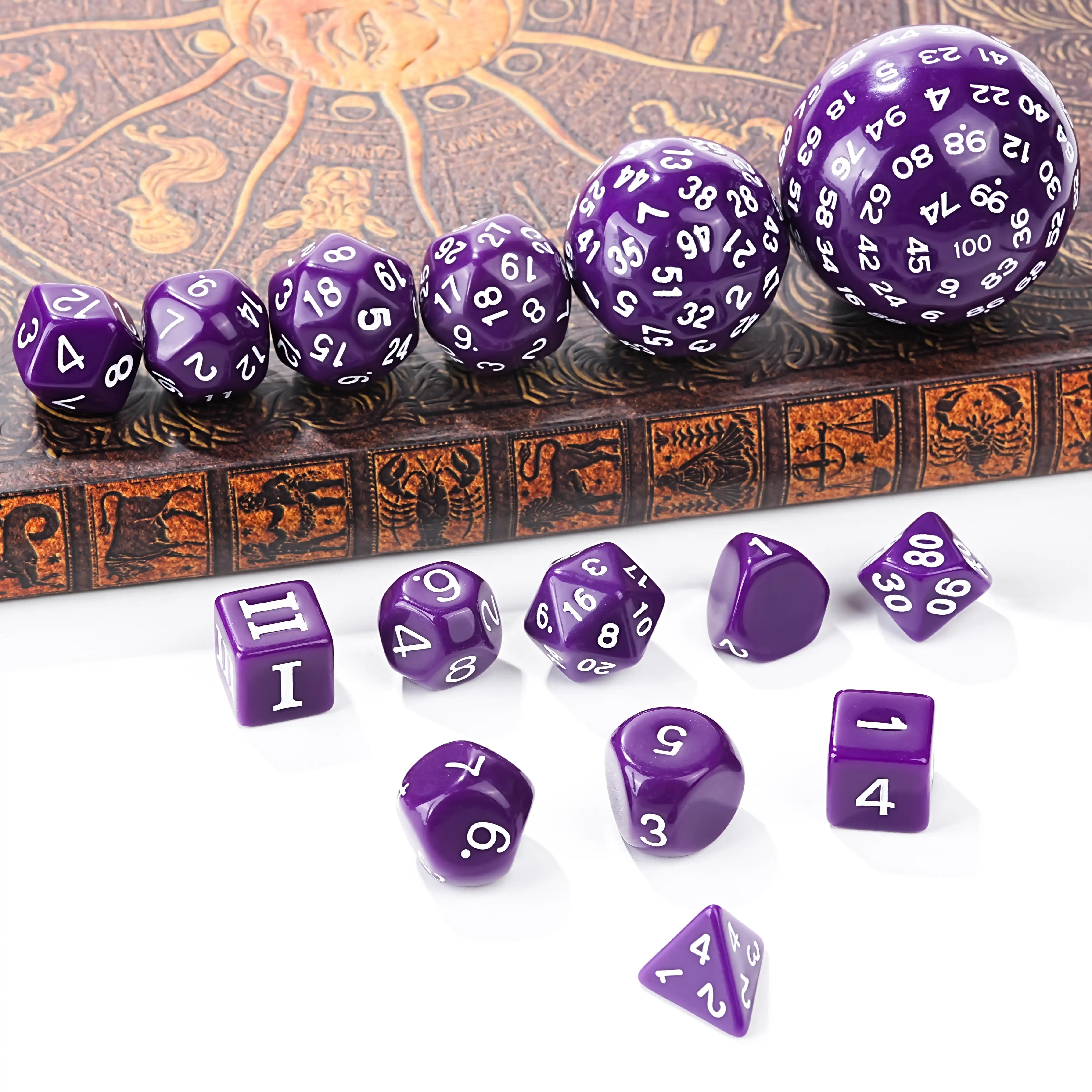 15-piece purple acrylic polyhedral dice set with white numbers | BearDice